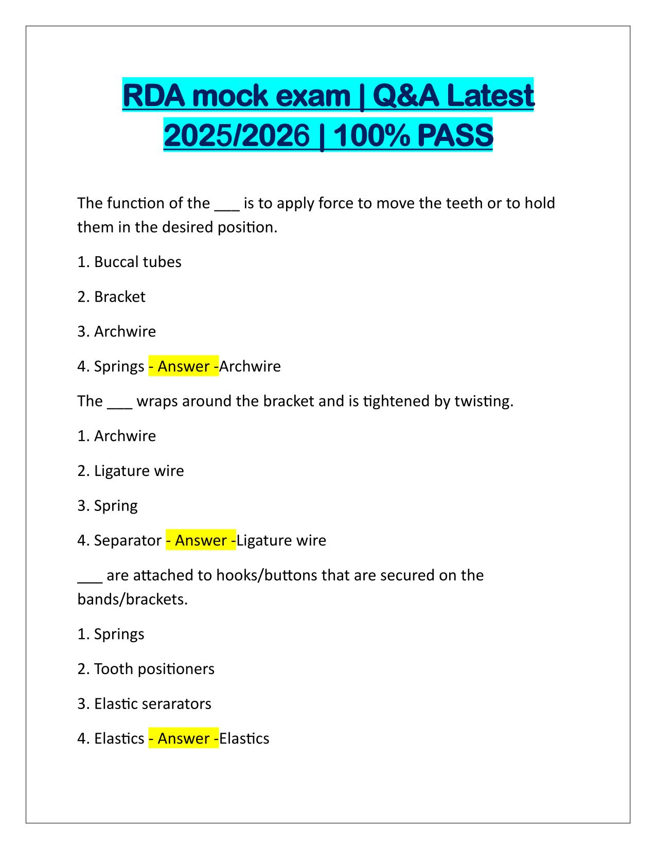 RDA mock exam Correctly Answered Latest Update