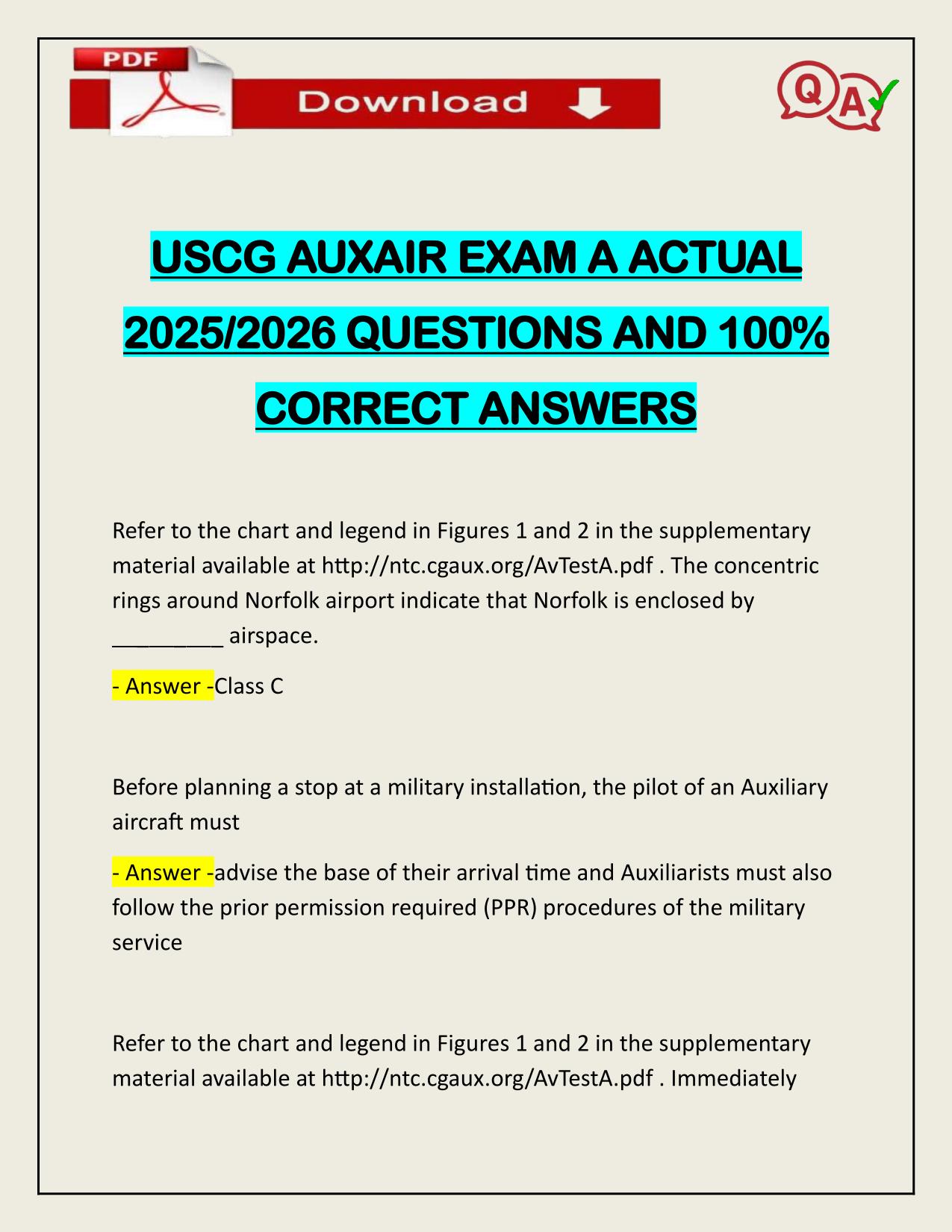 USCG AUXAIR EXAM A ACTUAL 2025/2026 CORRECTLY ANSWERED