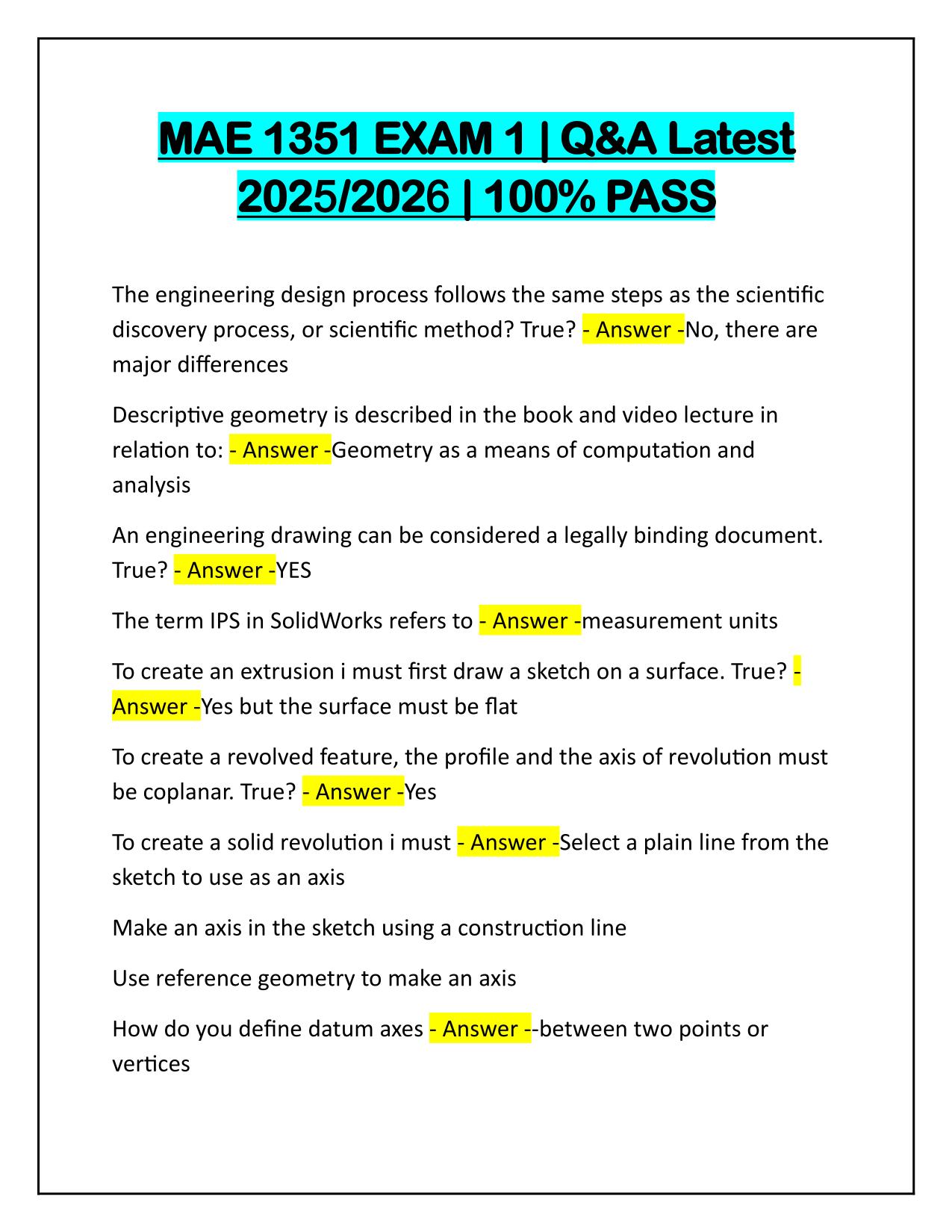MAE 1351 EXAM 1 Q&A Latest Update