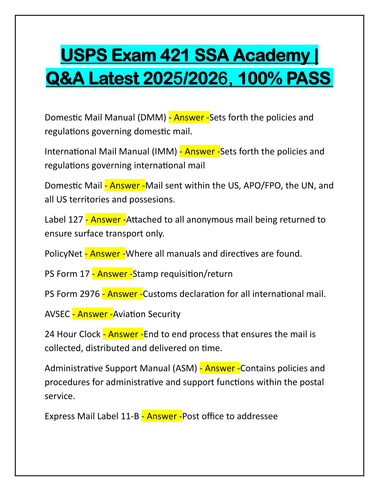 USPS Exam 421 SSA Academy Q&A Latest Graded A+