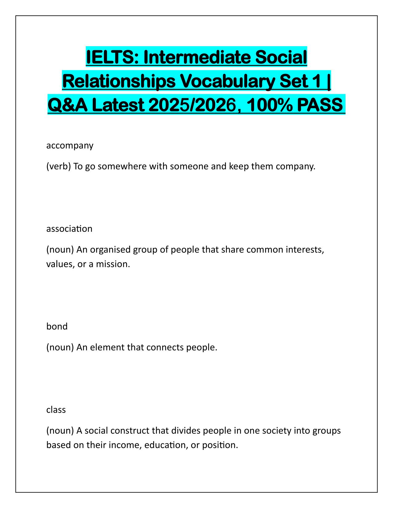 IELTS Intermediate Social Relationships Vocabulary Set 1 Q&A Latest 2025 Update