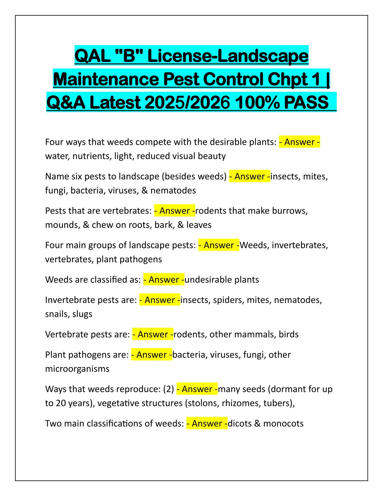 QAL B License-Landscape Maintenance Pest Control Chpt 1 Q&A Latest Update