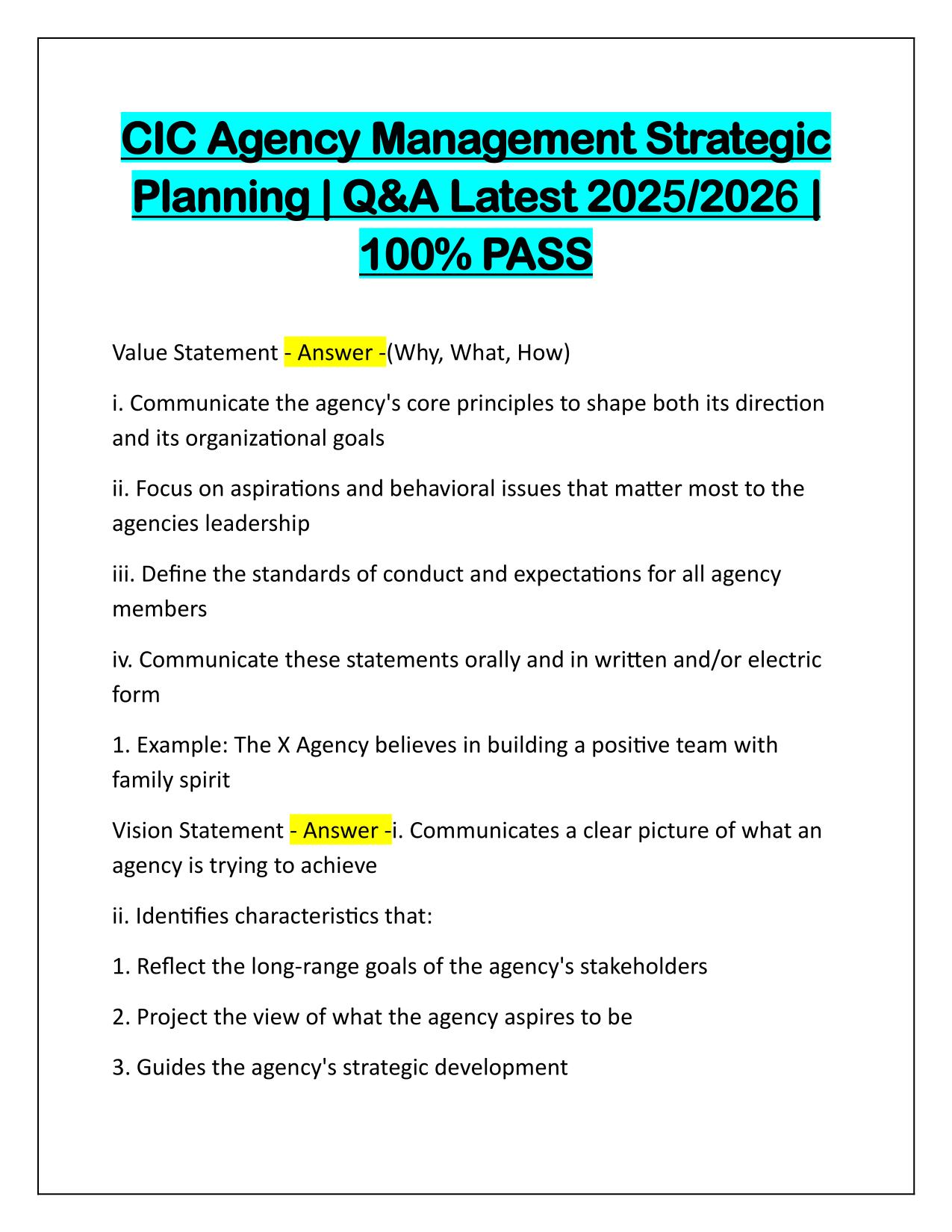 CIC Agency Management Strategic Planning Q&A Latest Update