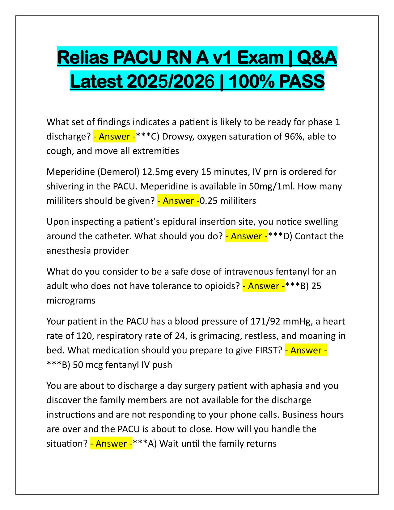 Relias PACU RN A v1 Exam Q&A Latest Update 2025-2026