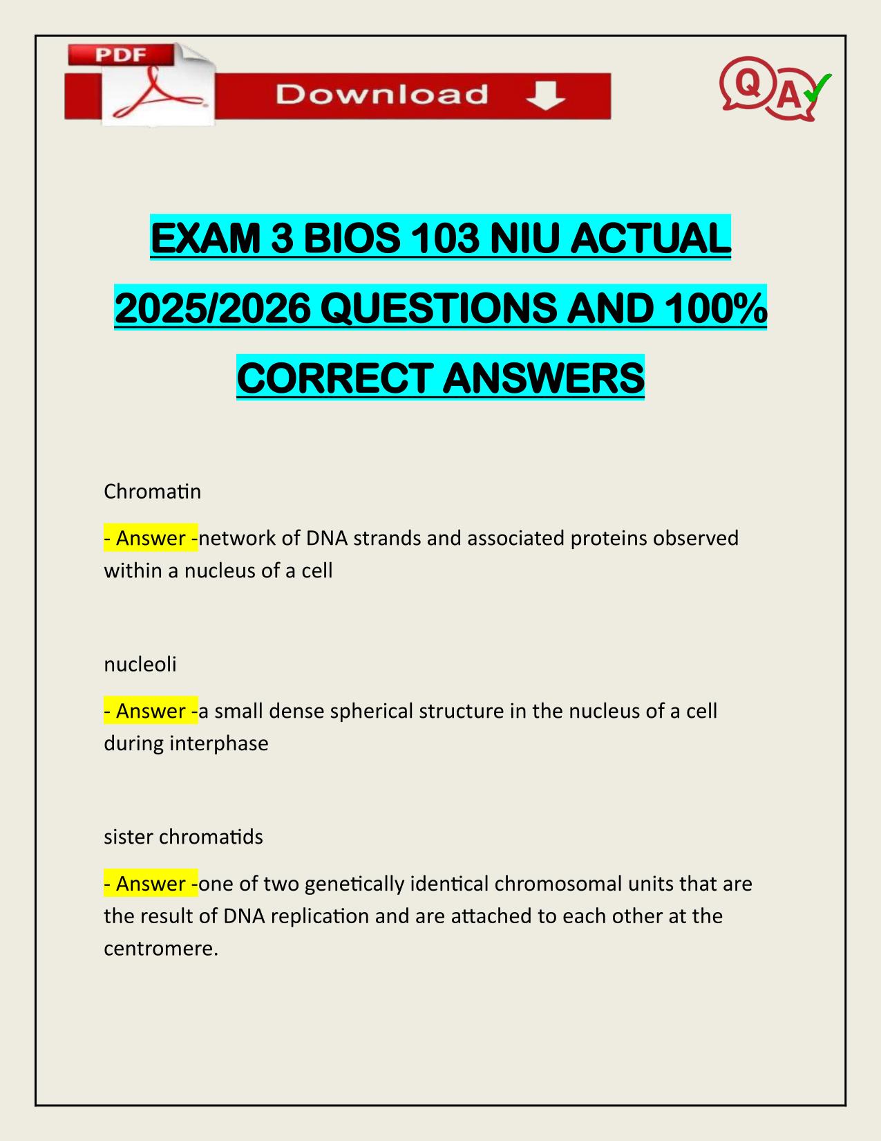 EXAM 3 BIOS 103 NIU ACTUAL 2025/2026 CORRECTLY ANSWERED