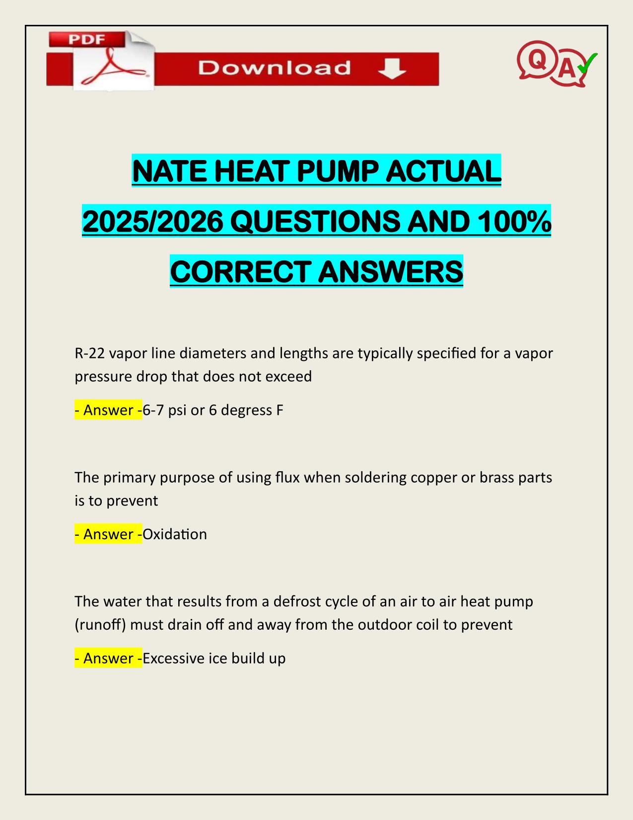 NATE HEAT PUMP ACTUAL 2025/2026 QUESTIONS AND 100% CORRECT ANSWERS