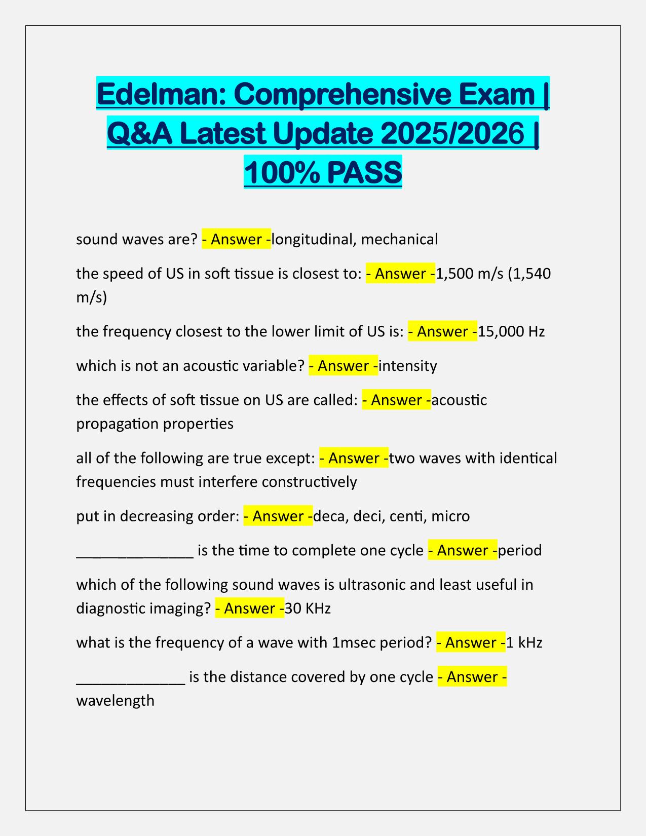 Edelman Comprehensive Exam Q&A Latest Update