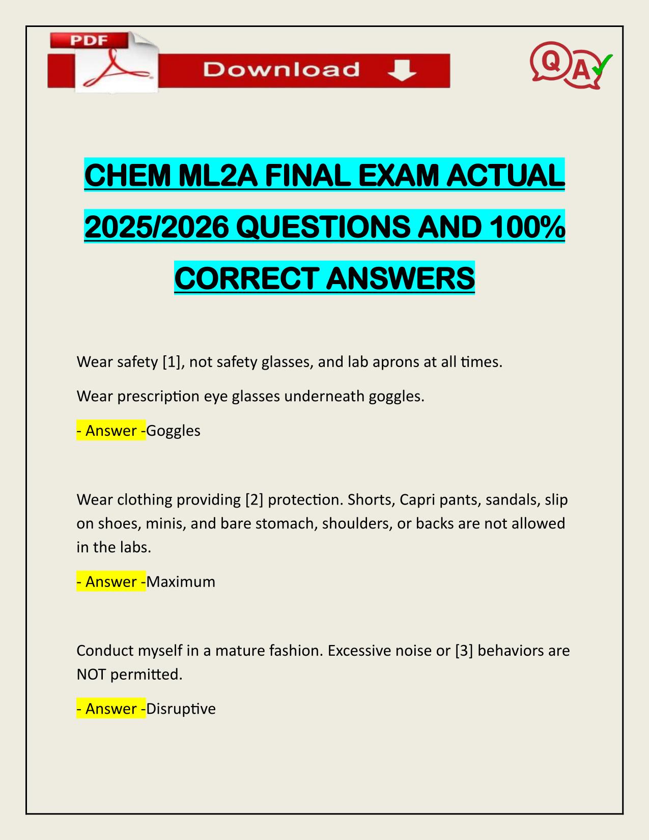 CHEM ML2A FINAL EXAM ACTUAL 2025/2026 Q&A 100% PASS