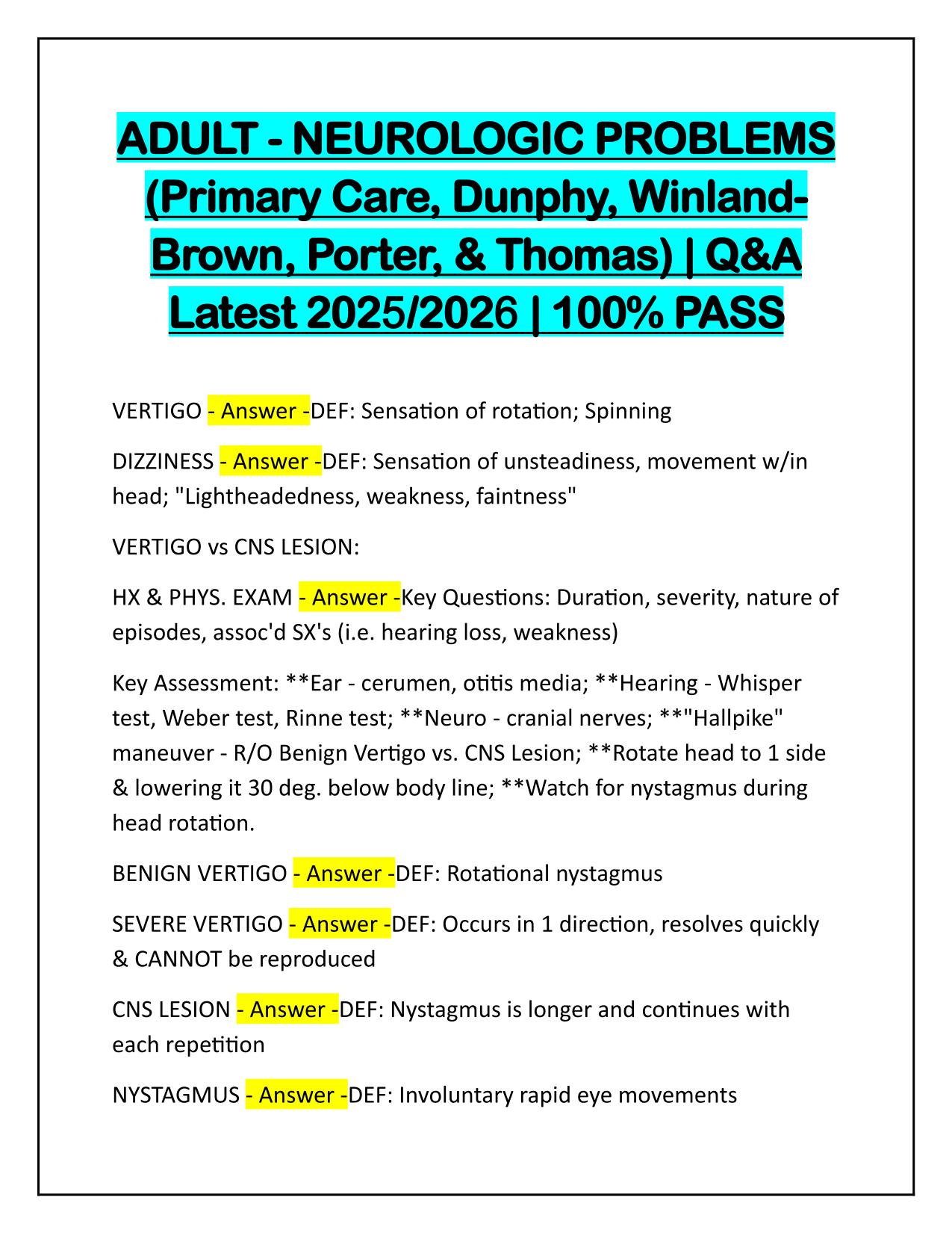 ADULT NEUROLOGIC PROBLEMS, Primary Care, Dunphy, Winland Brown, Porter and Thomas Q&A 2025 Update