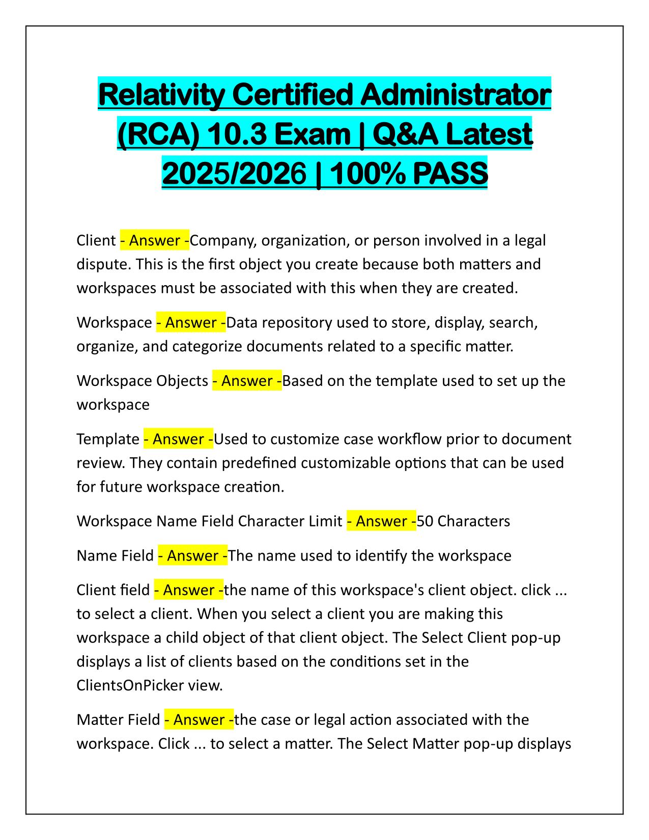 Relativity Certified Administrator(RCA)10.3 Exam Q&A Latest Update