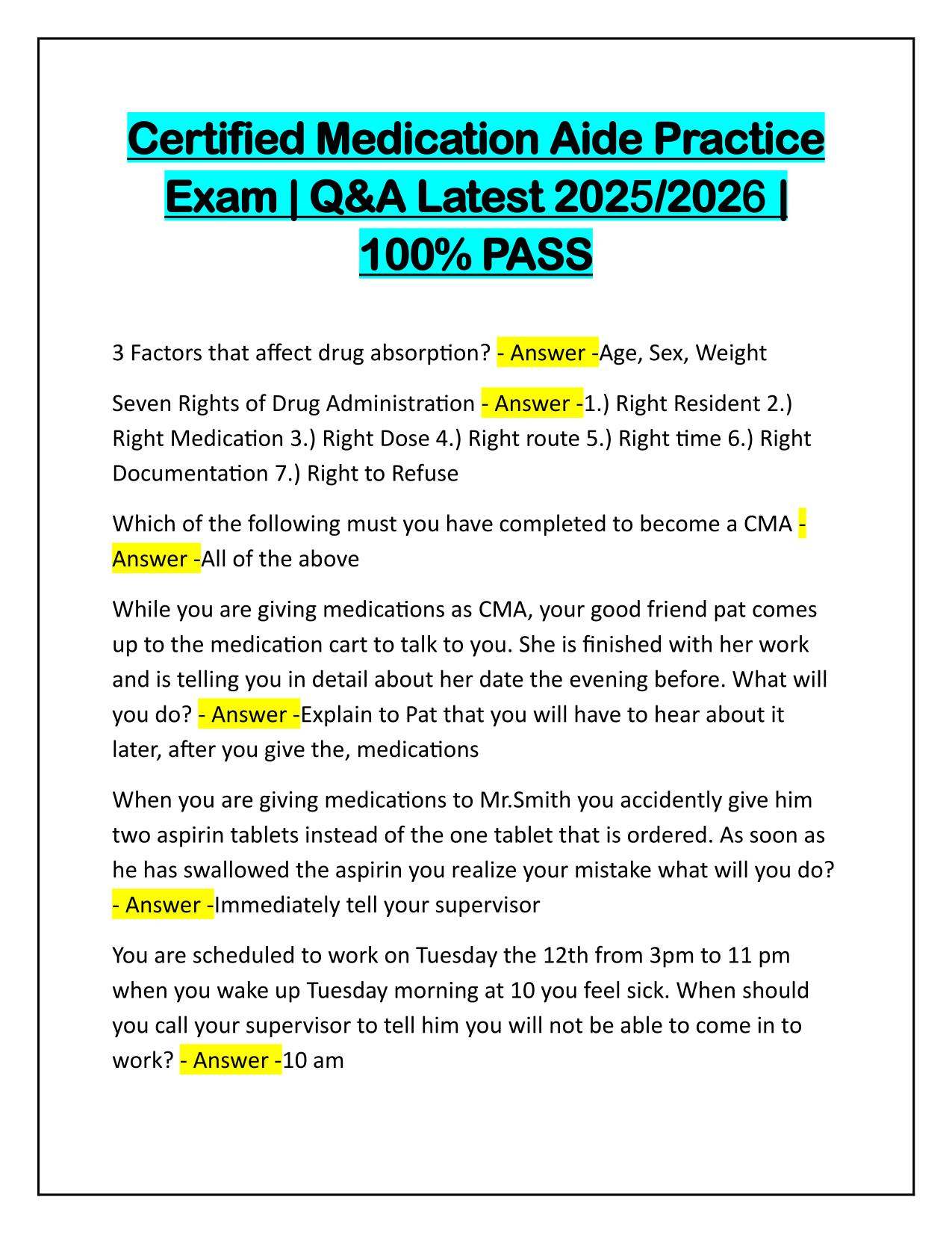 Certified Medication Aide Practice Exam Questions and Correct Answers 2025