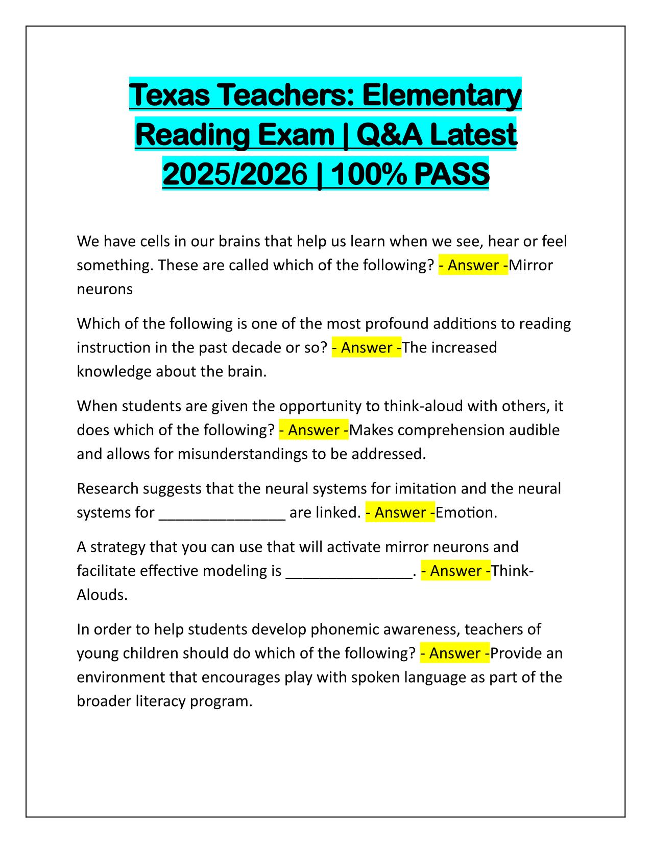 Texas Teachers Elementary Reading Exam Correctly Answered Latest 2025-2026