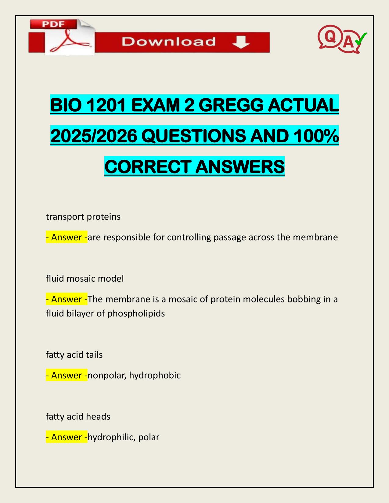 BIO 1201 EXAM 2 GREGG ACTUAL 2025/2026 QUESTIONS AND 100% CORRECT ANSWERS