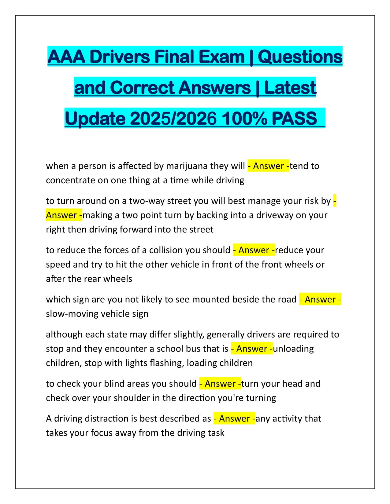 AAA Drivers Final Exam Questions and Answers Updated