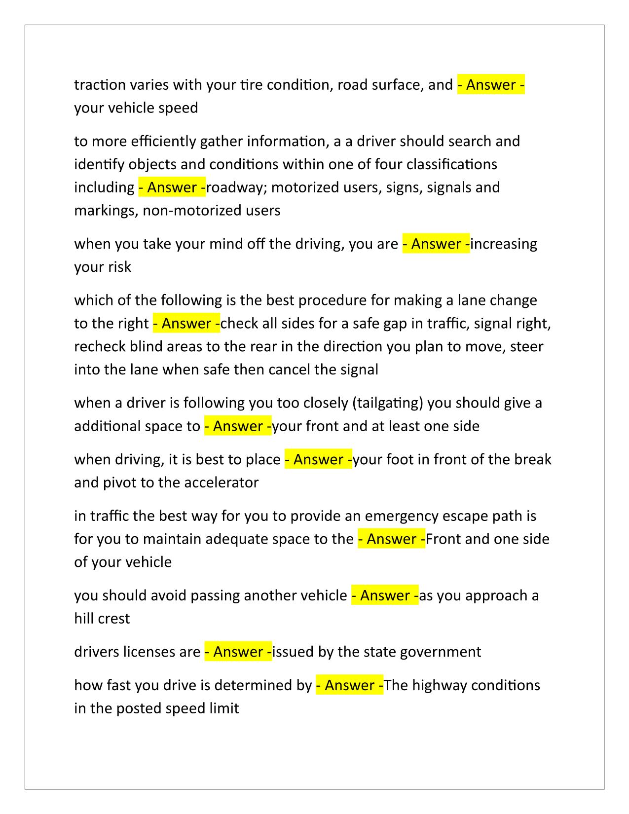 AAA Drivers Final Exam Questions and Answers Updated