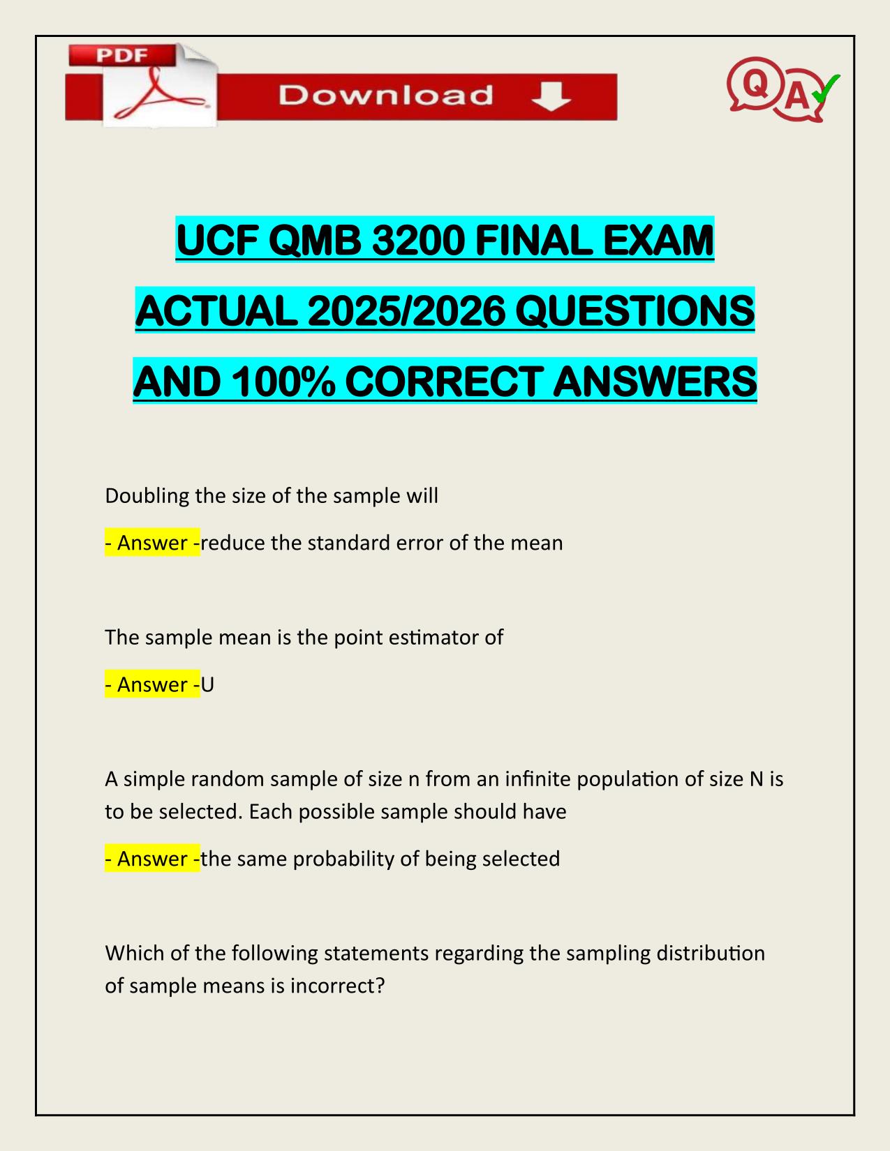 BUNDLE FOR UCF QMB 3200 MIDTERM & FINAL EXAMS