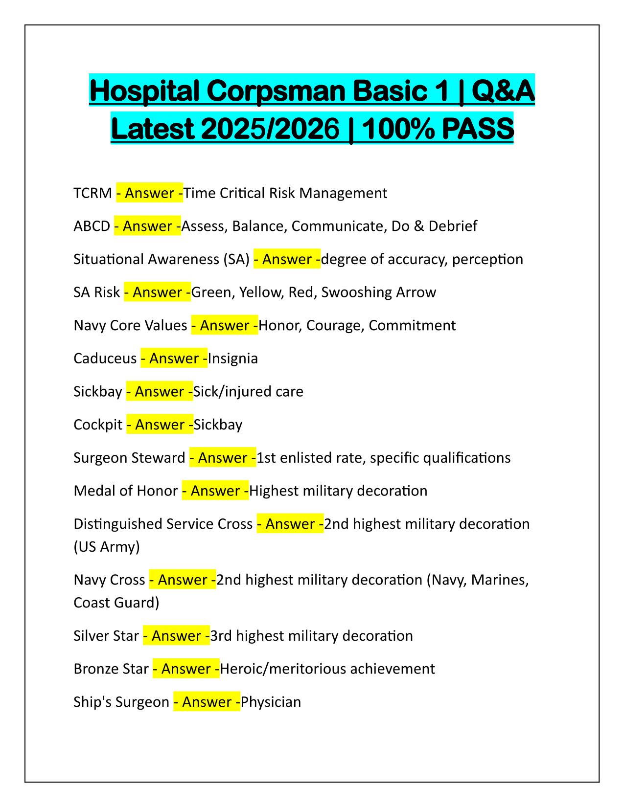 Hospital Corpsman Basic 1 Q&A Latest Update 2025