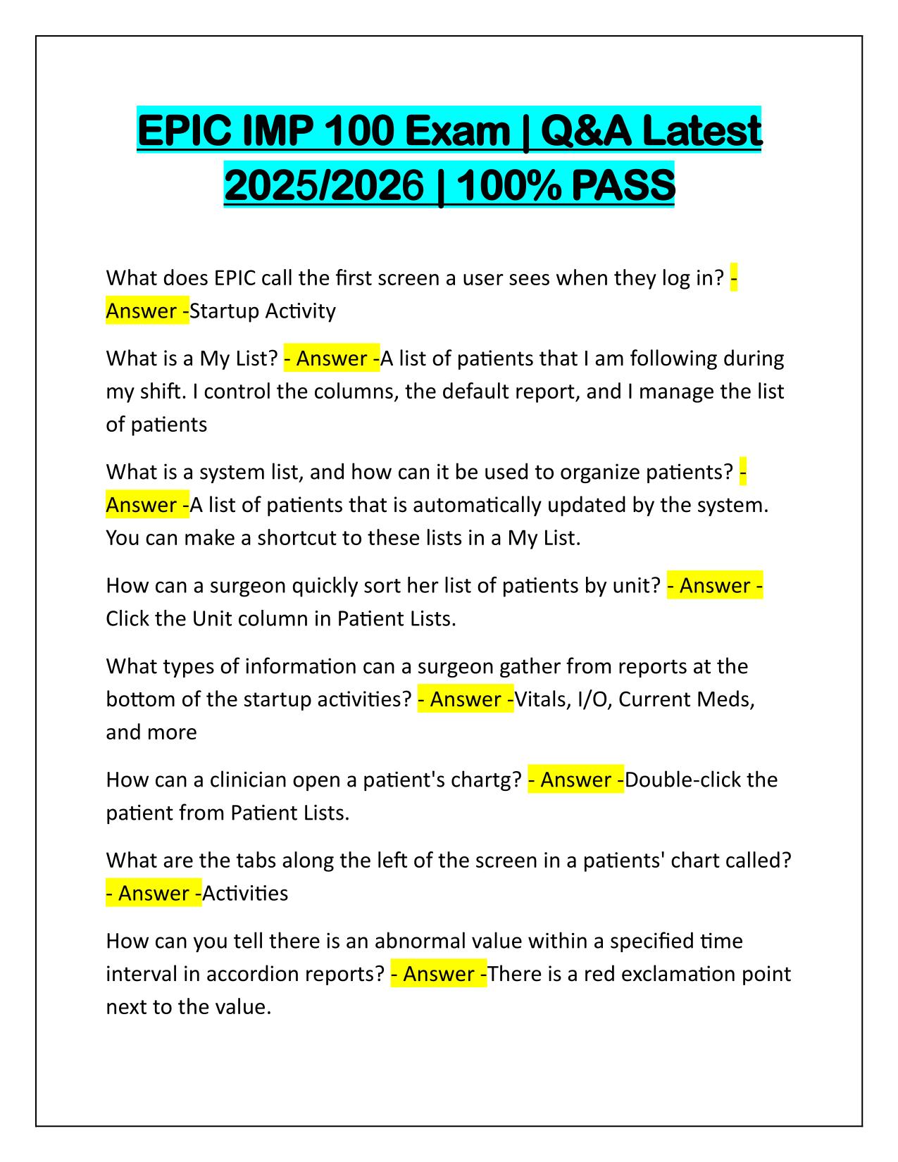 EPIC IMP 100 Exam Q&A Latest Update 2025