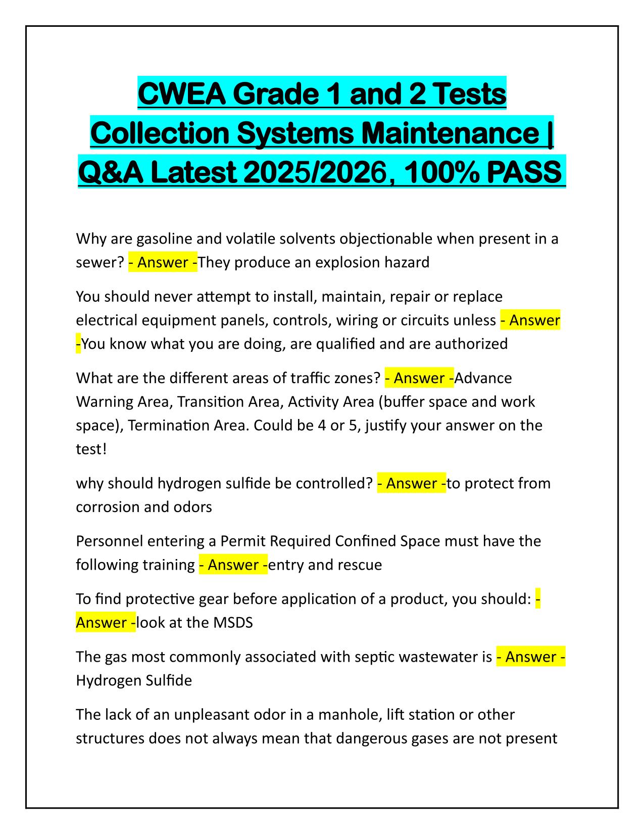 CWEA Grade 1 and 2 Tests Collection Systems Maintenance Q&A Latest Update