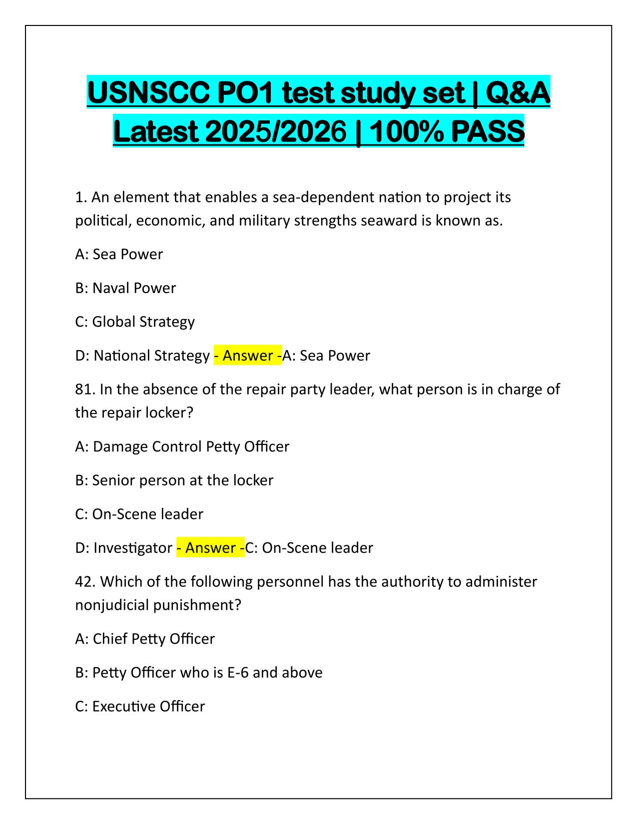 USNSCC PO1 test study set Correctly Answered Latest Update 2025