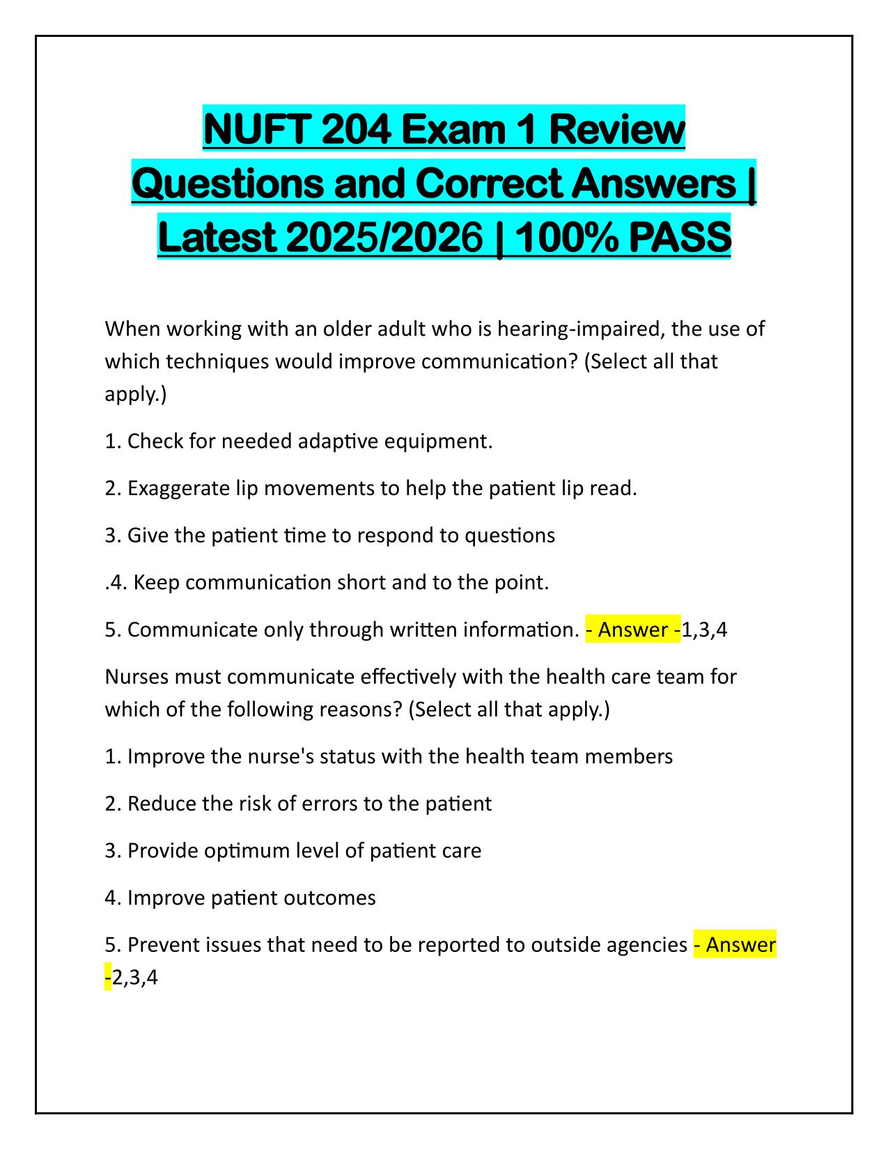 NUFT 204 Exam 1 Review Questions and Correct Answers 100% PASS