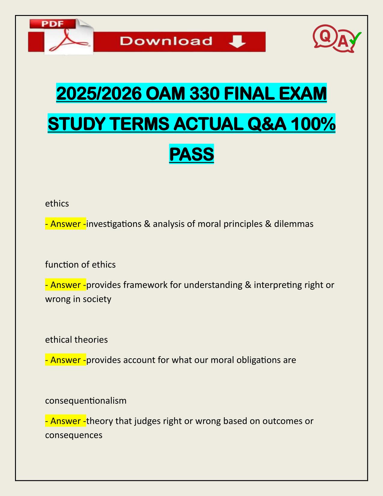 PACKAGE DEAL FOR OAM 330 EXAMS ACTUAL 2025/2026