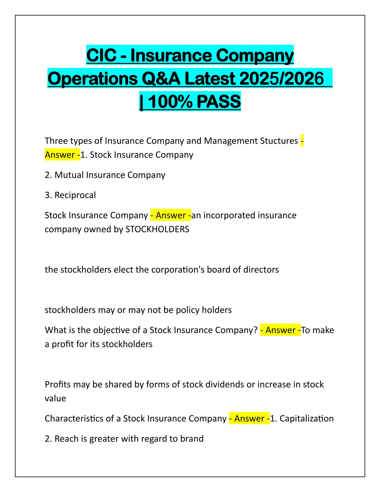 CIC-Insurance Company Operations Correctly Answered 
