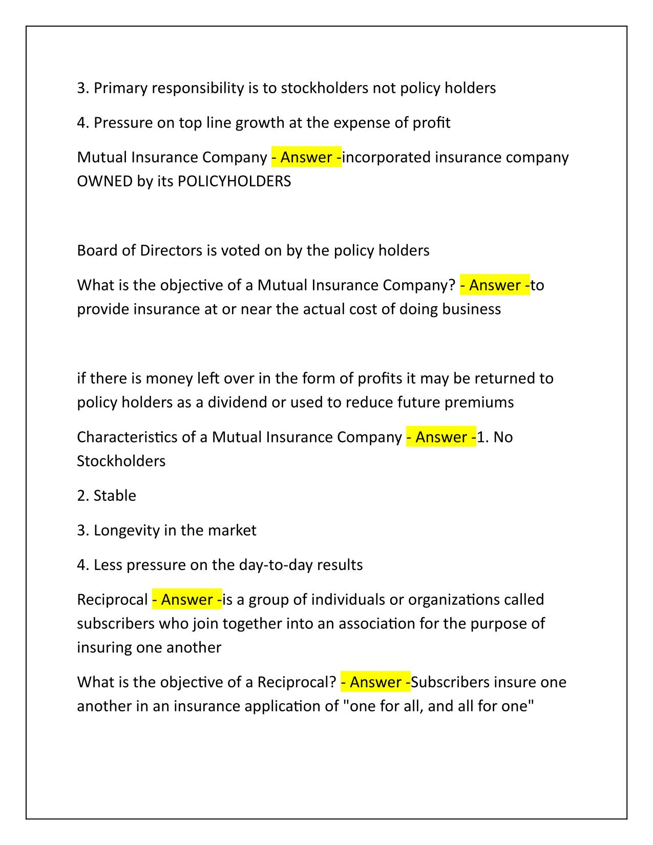 CIC-Insurance Company Operations Correctly Answered 