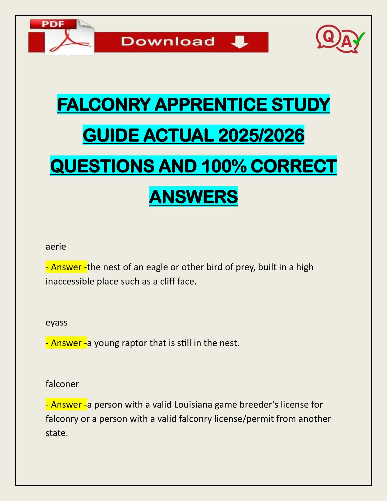FALCONRY APPRENTICE STUDY GUIDE ACTUAL 2025/2026 LATEST