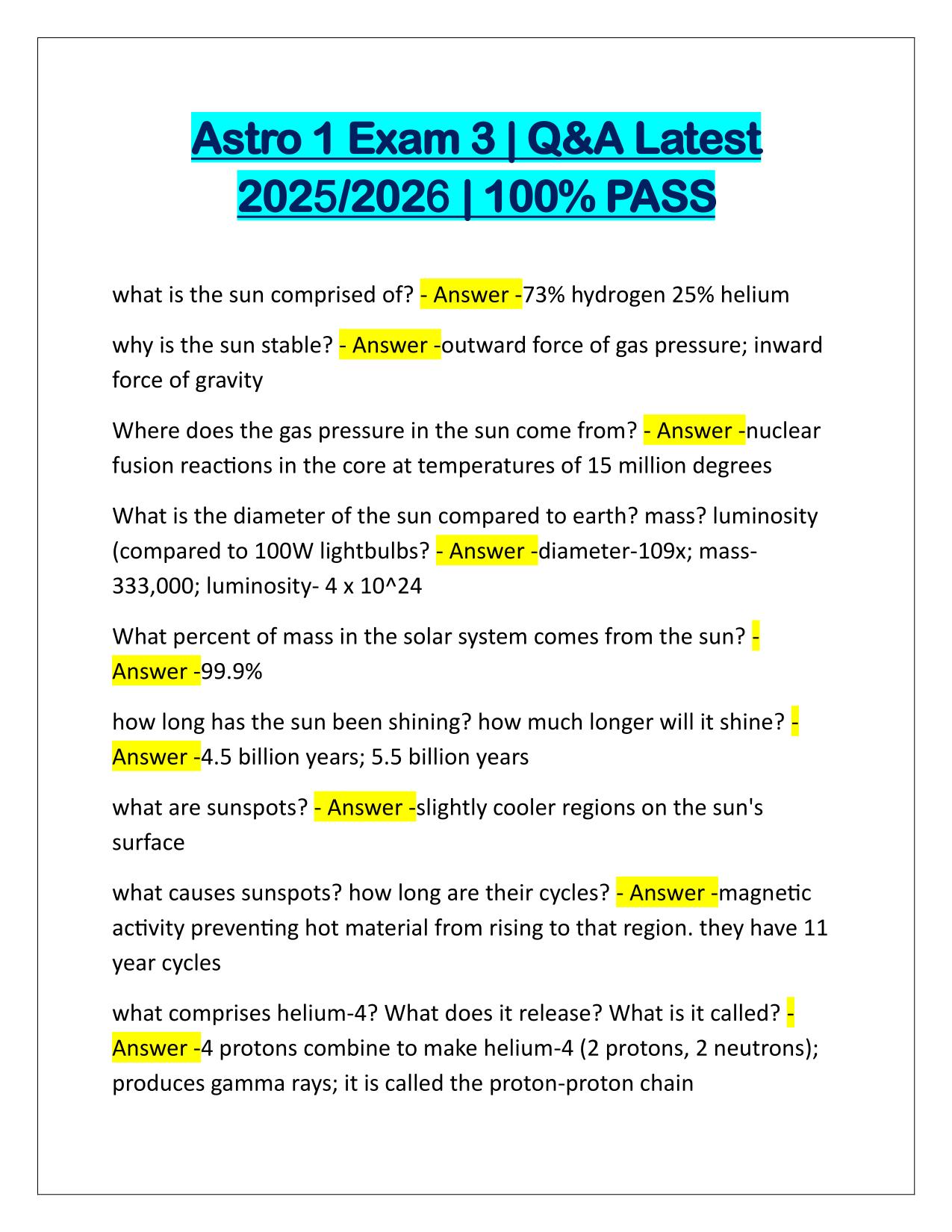 Astro 1 Exam 3 Q&A Latest Update