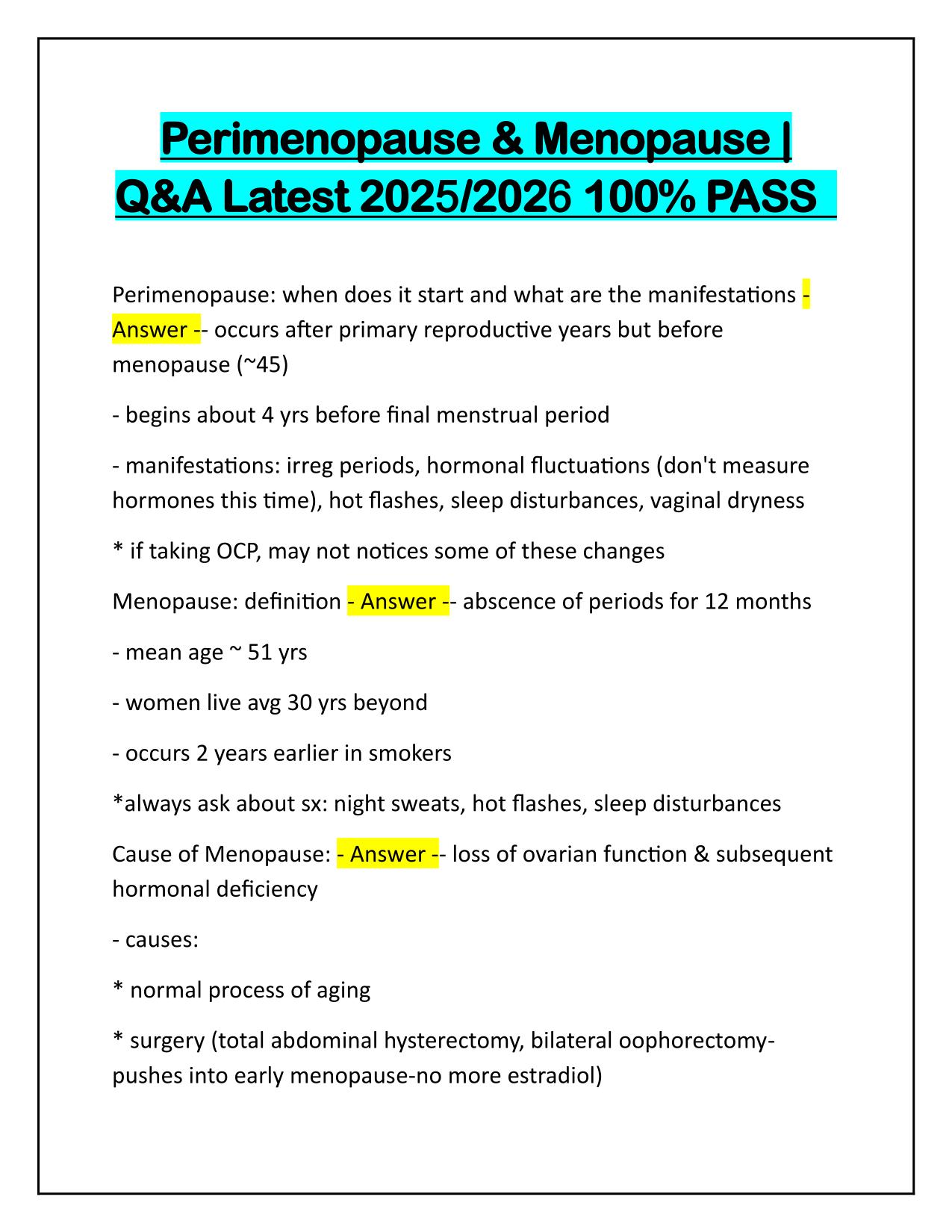 Perimenopause and Menopause Questions and Correct Answers Latest Update 2025