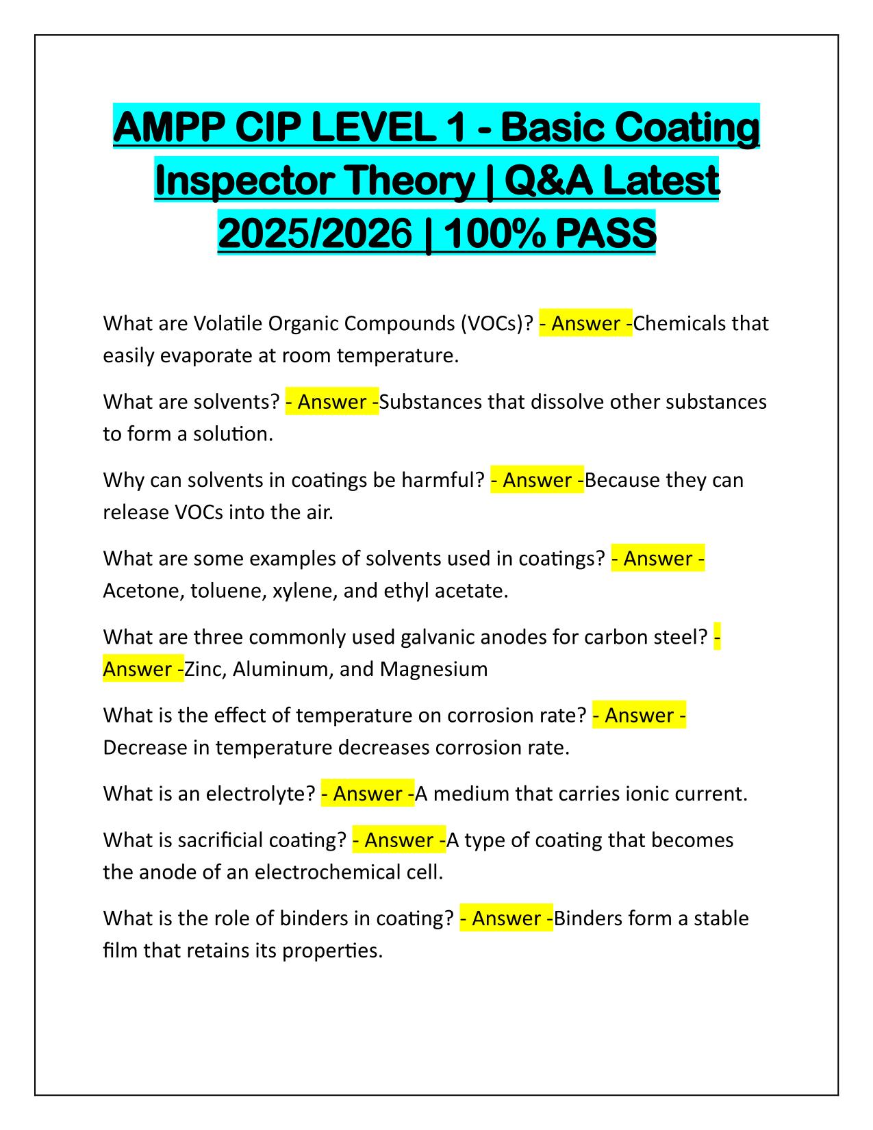AMPP CIP LEVEL 1-Basic Coating Inspector Theory Q&A Latest Update