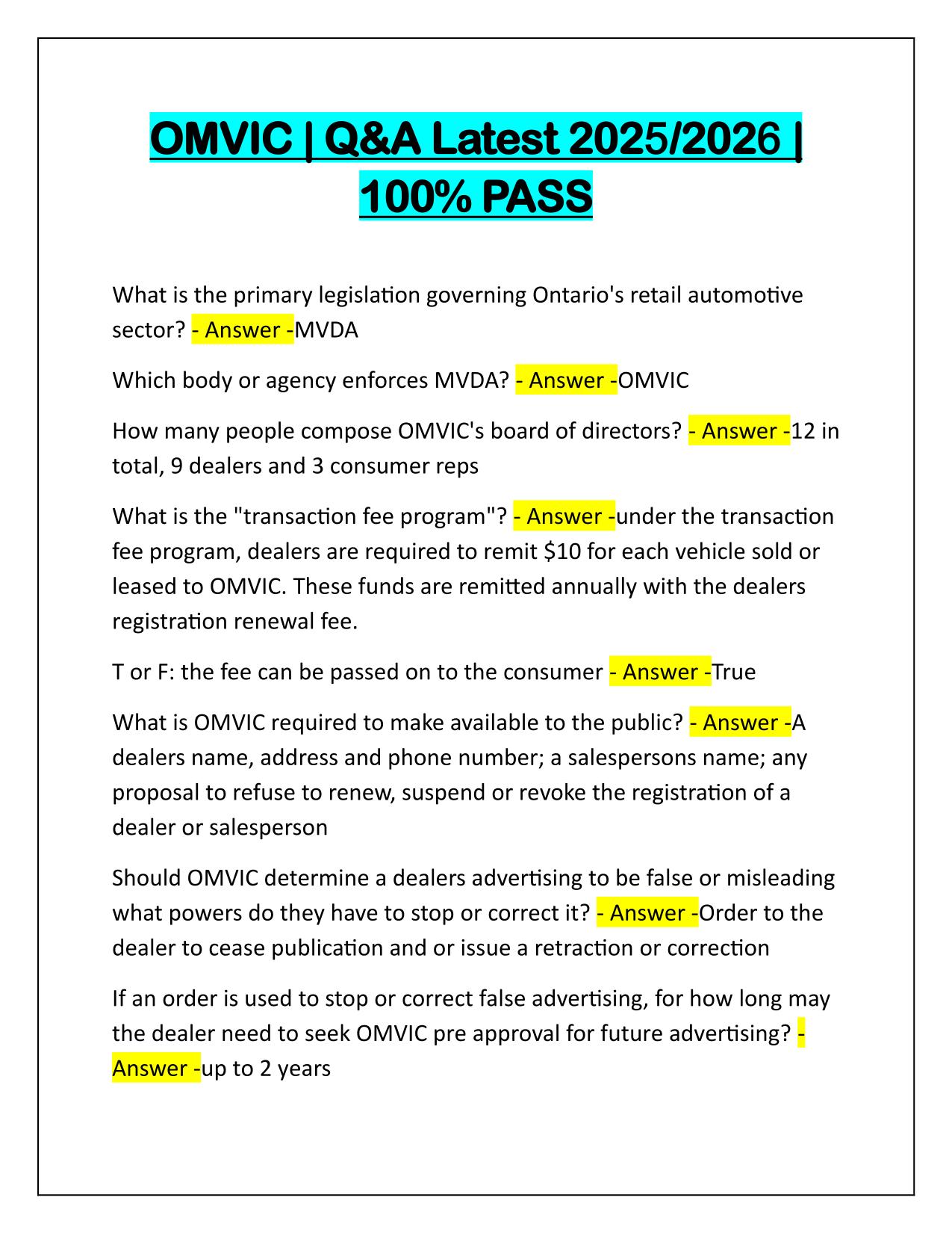 OMVIC Q&A Latest 2025 Update