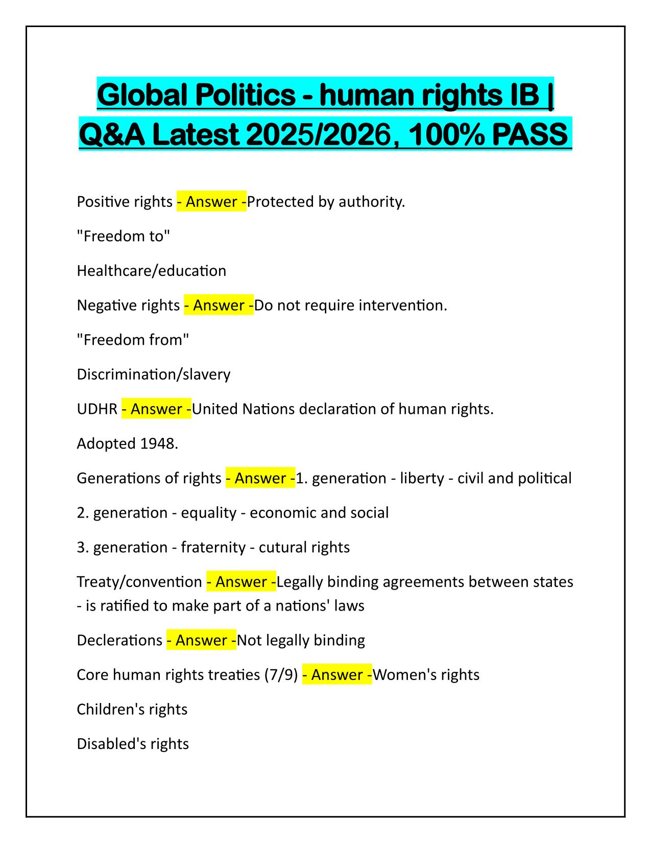 Global Politics-human rights IB Correctly Answered Latest Update