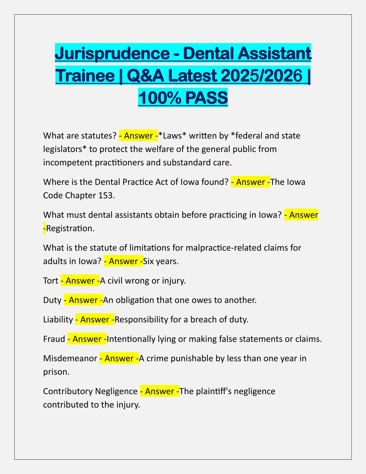 Jurisprudence-Dental Assistant Trainee Q&A Latest Update