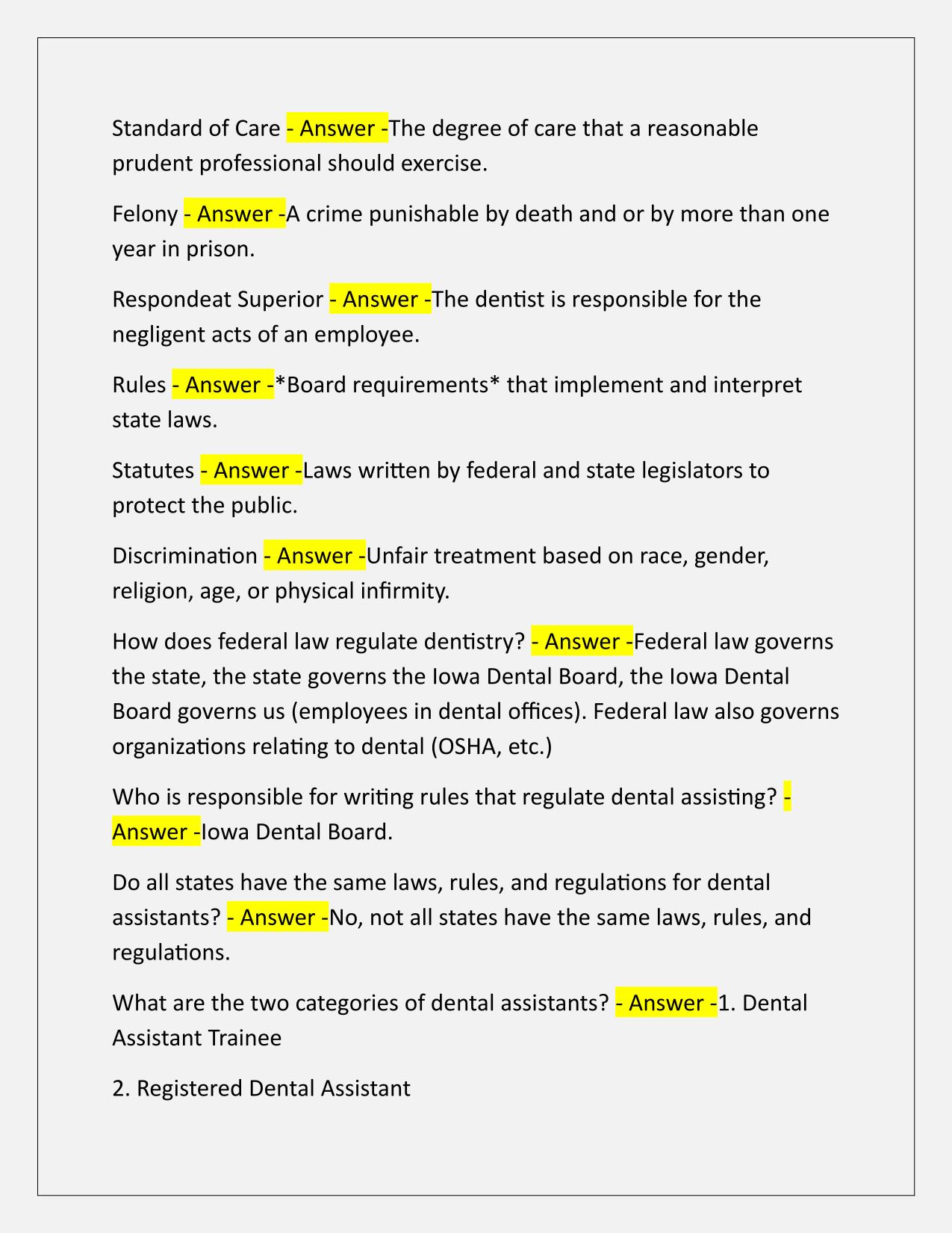 Jurisprudence-Dental Assistant Trainee Q&A Latest Update