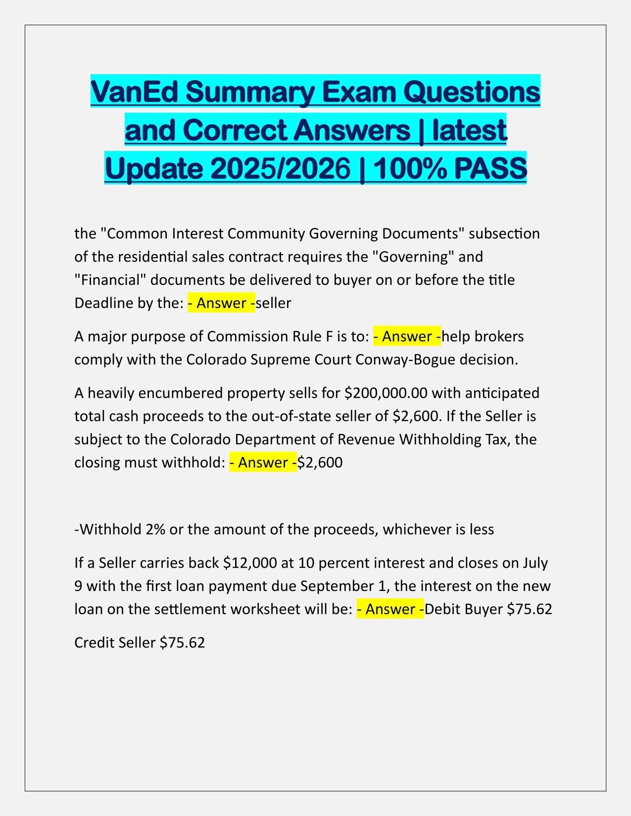 VanEd Summary Exam Q&A Latest Update