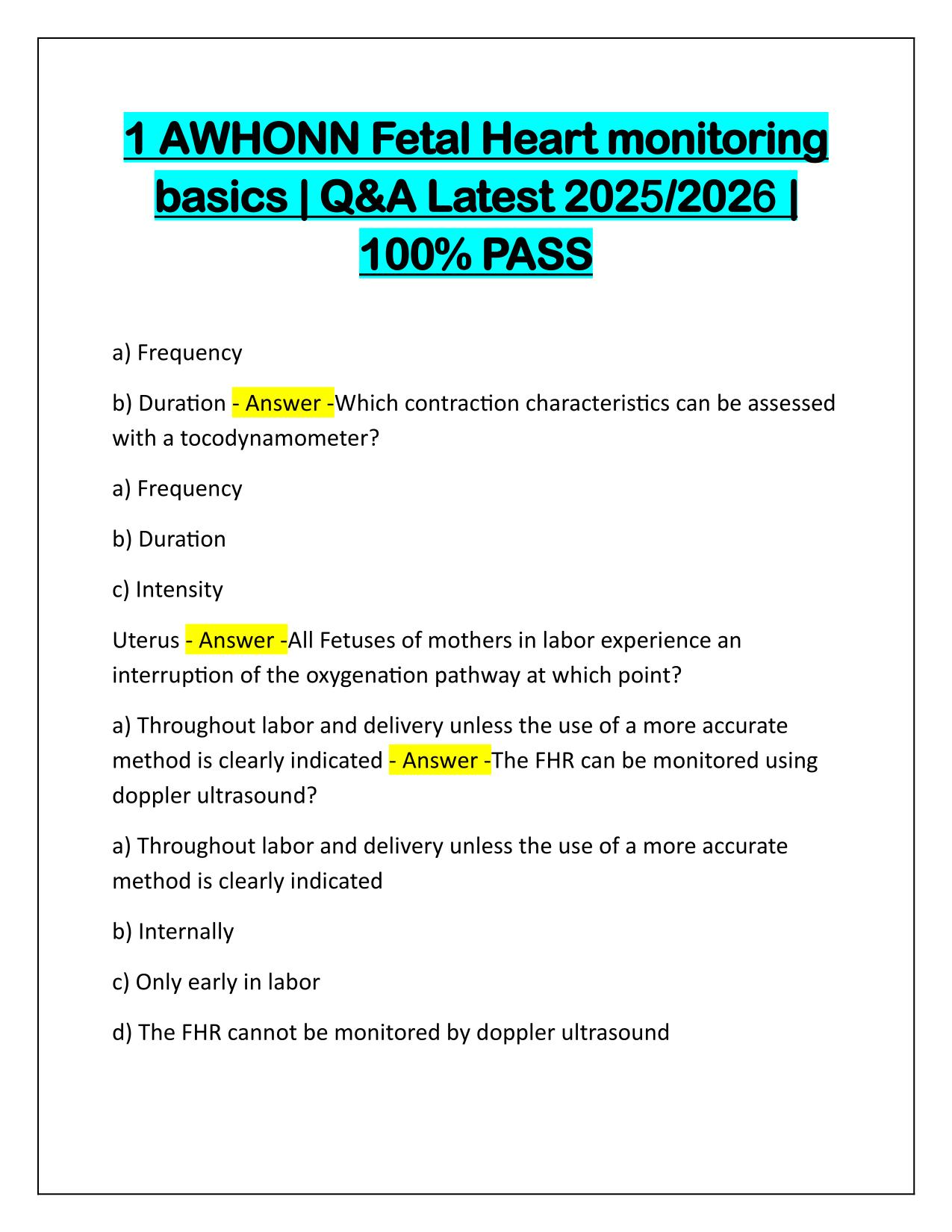 1 AWHONN Fetal Heart monitoring basics Correctly Answered 2025-2026 Update