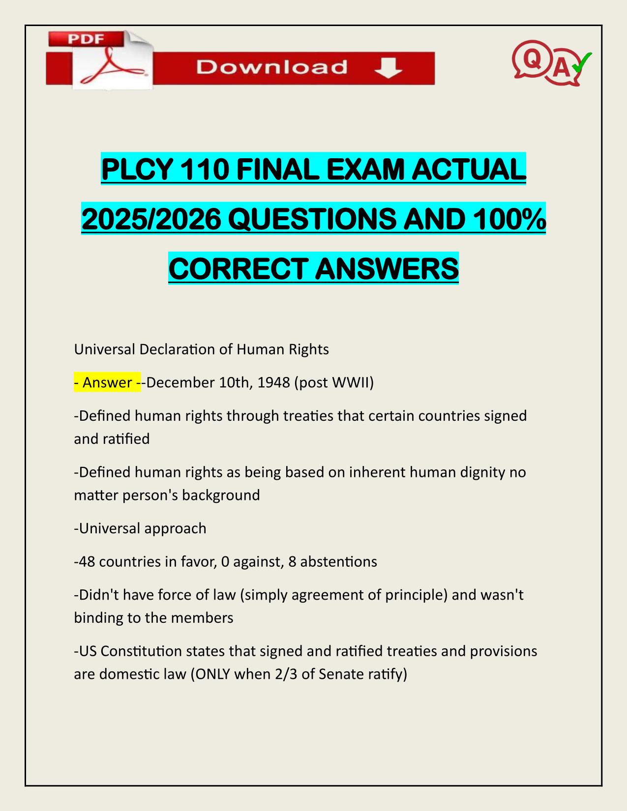 PLCY 110 FINAL EXAM ACTUAL 2025/2026 WITH VERIFIED ANSWERS