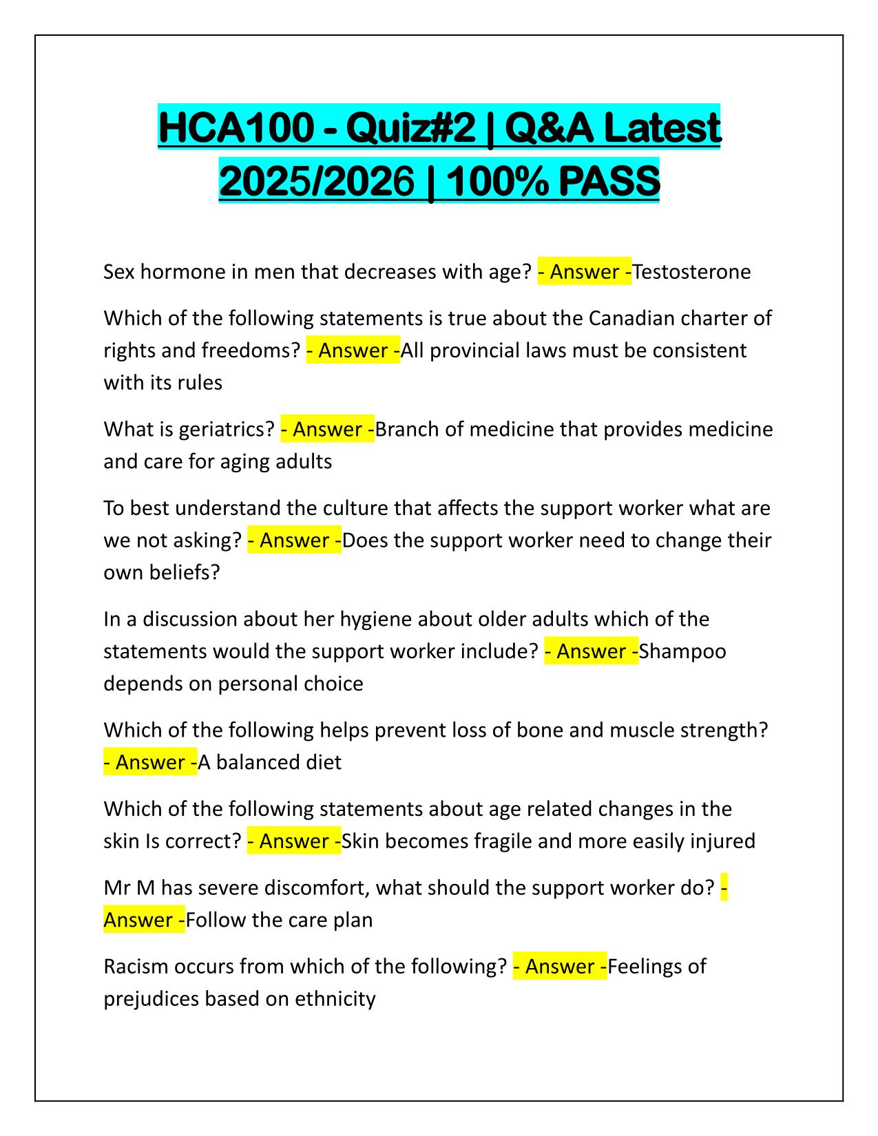 HCA100-Quiz#2 Q&A Latest Update