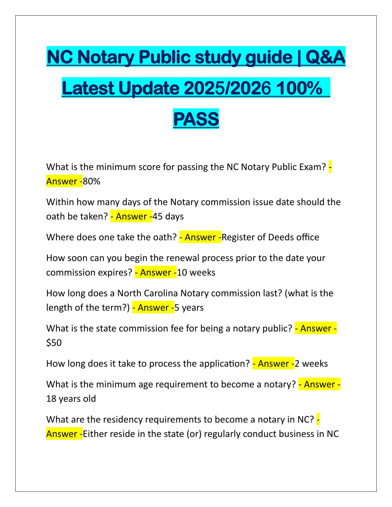 NC Notary Public study guide Questions and Answers Latest