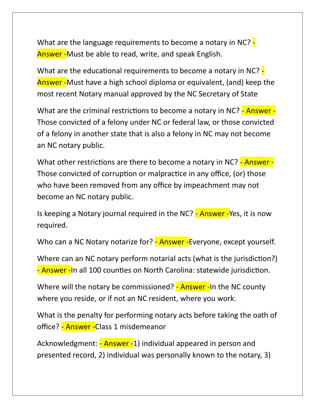 NC Notary Public study guide Questions and Answers Latest