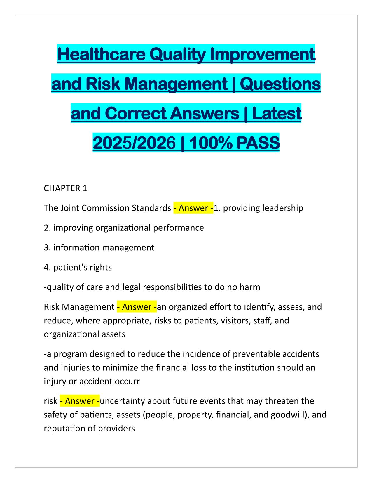 Healthcare Quality Improvement and Risk Management Correctly Answered