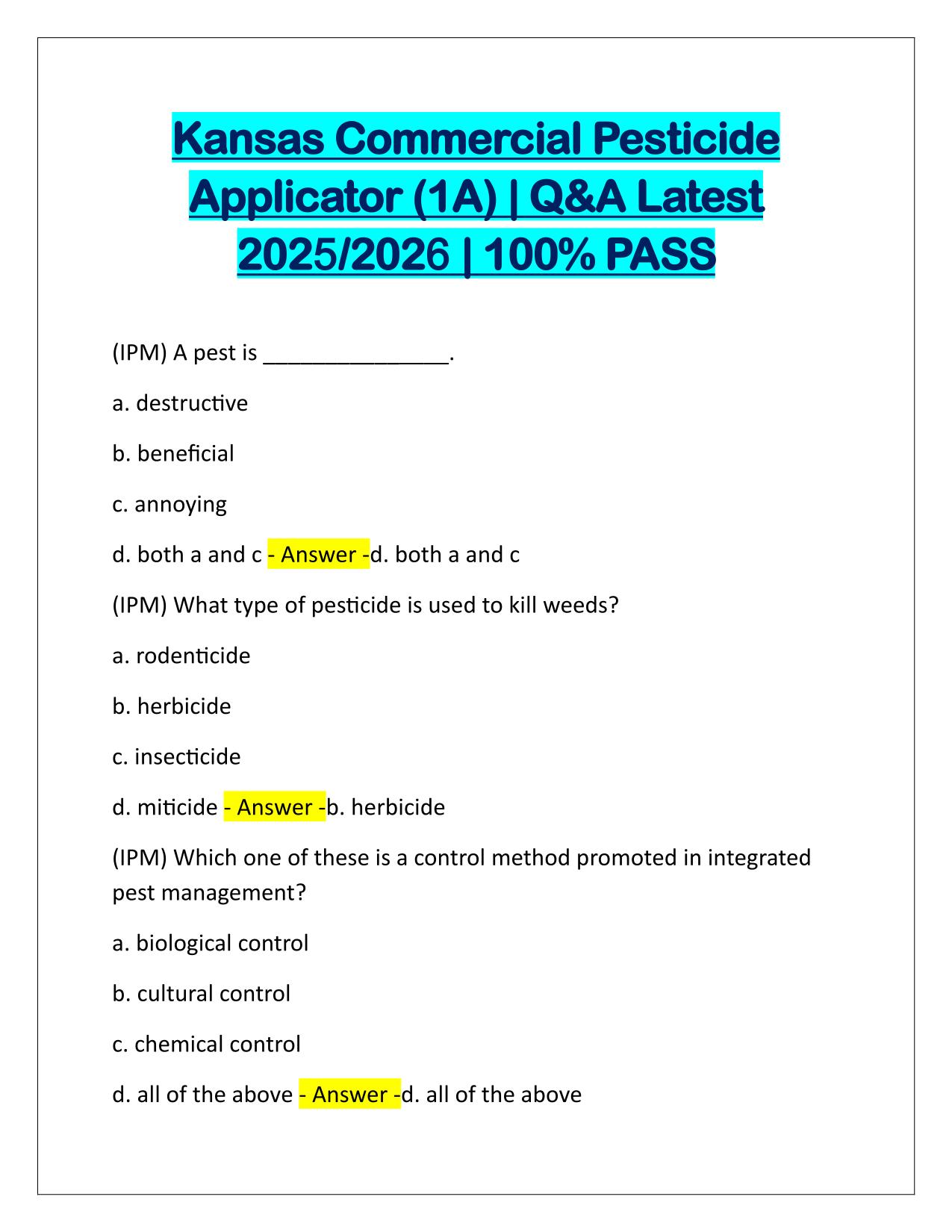Kansas Commercial Pesticide Applicator (1A) Q&A Latest Update