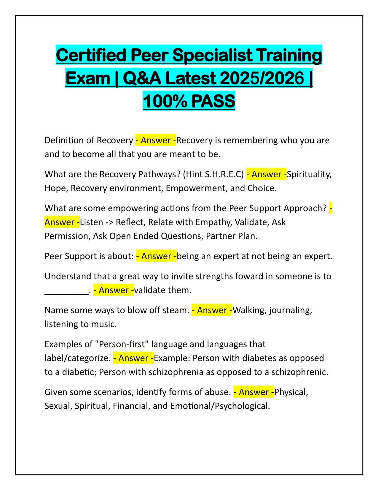 Certified Peer Specialist Training Exam Q&A Latest Update 2025 