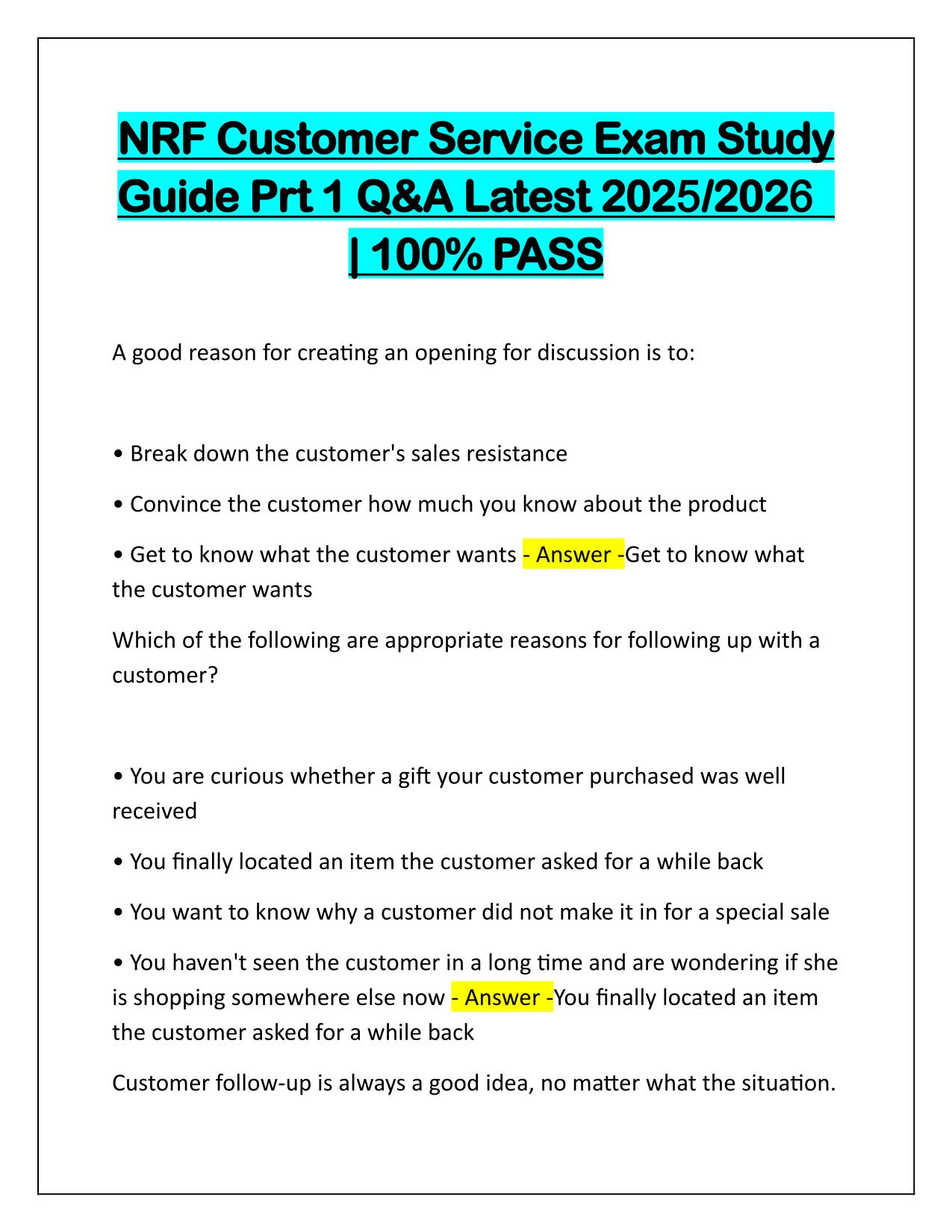 NRF Customer Service Exam Study Guide Prt 1 Q&A Latest Update 2025