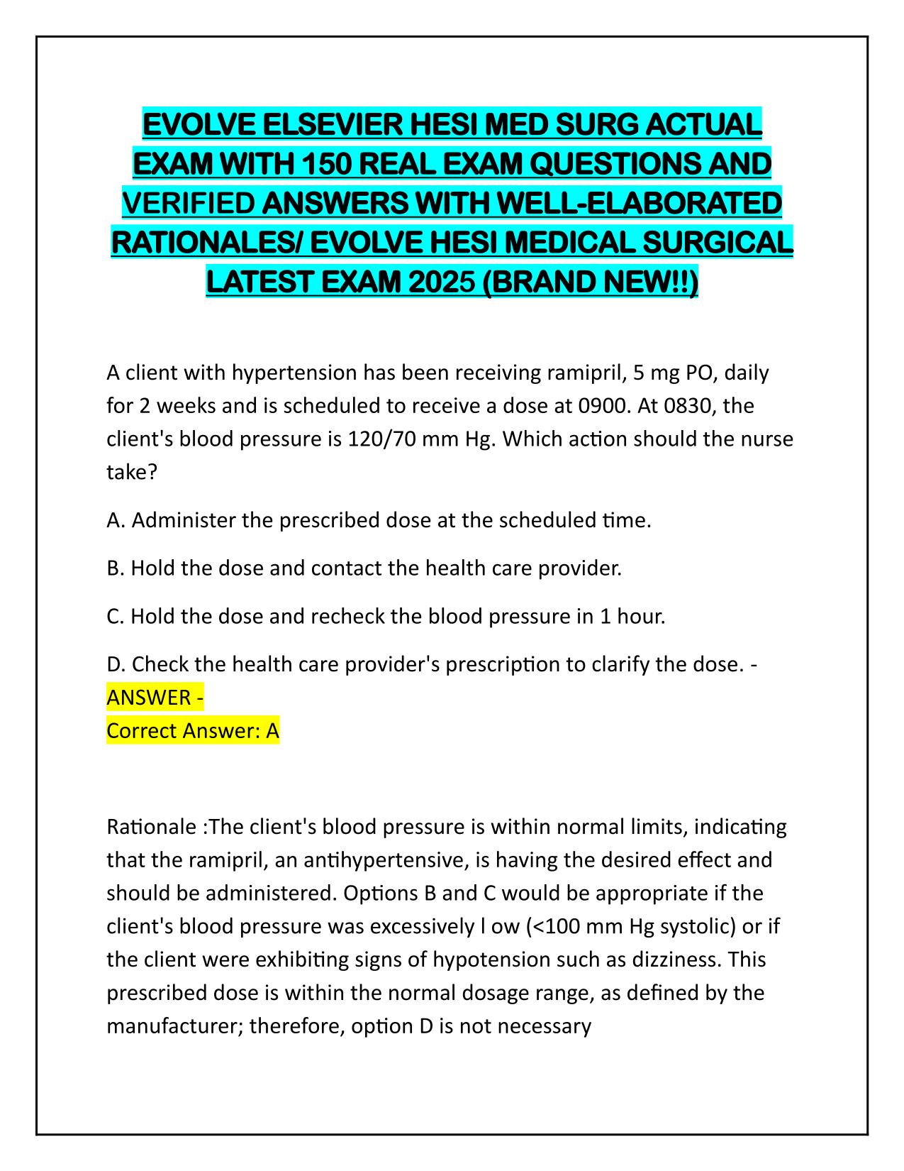 2025 EVOLVE ELSEVIER HESI MEDICAL SURGICAL ACTUAL EXAM WITH 150+ Q&As 100% PASS