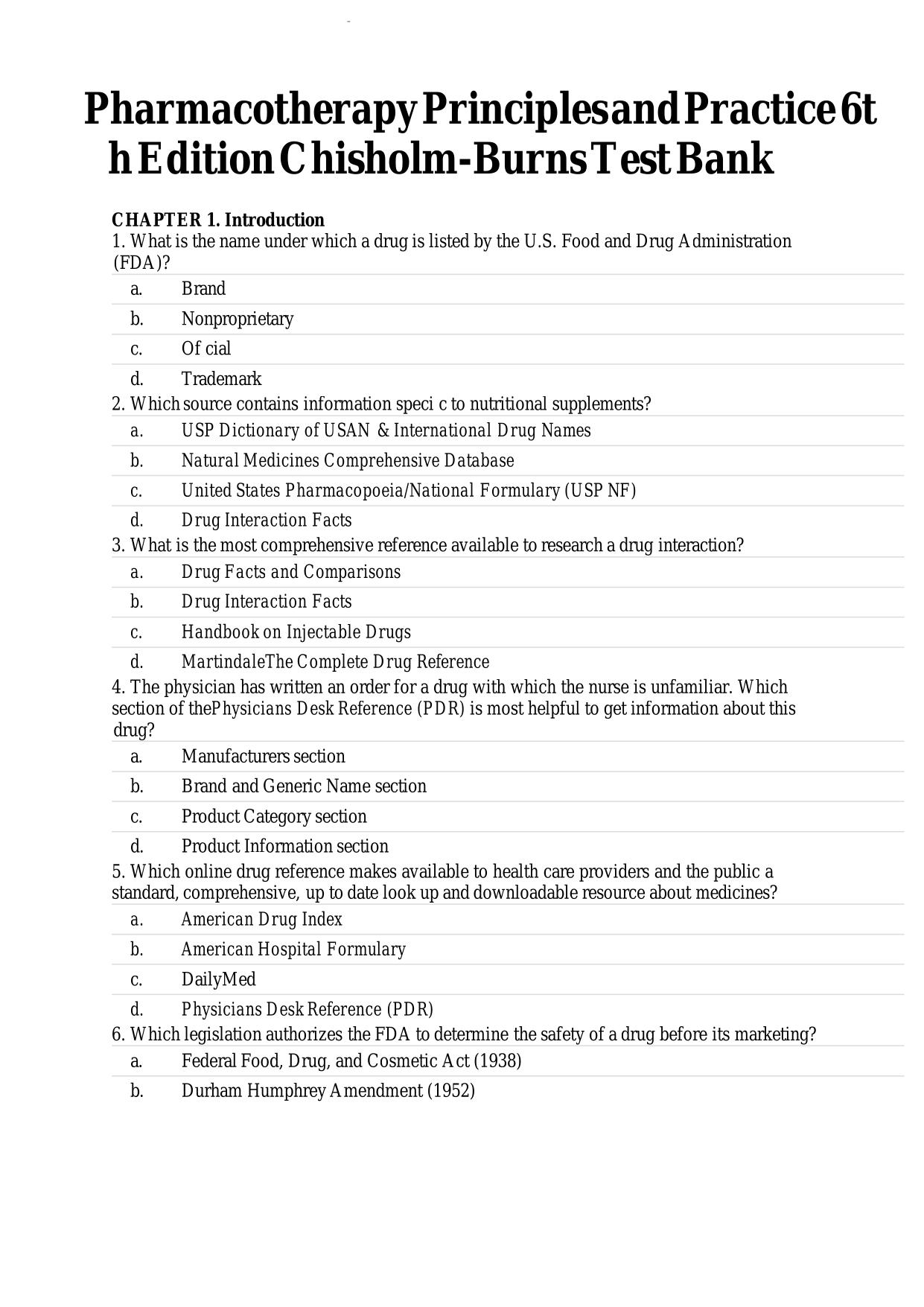 Test Bank for Pharmacotherapy Principles and Practice 6th Edition Chisholm-Burns ISBN: 9781260460285