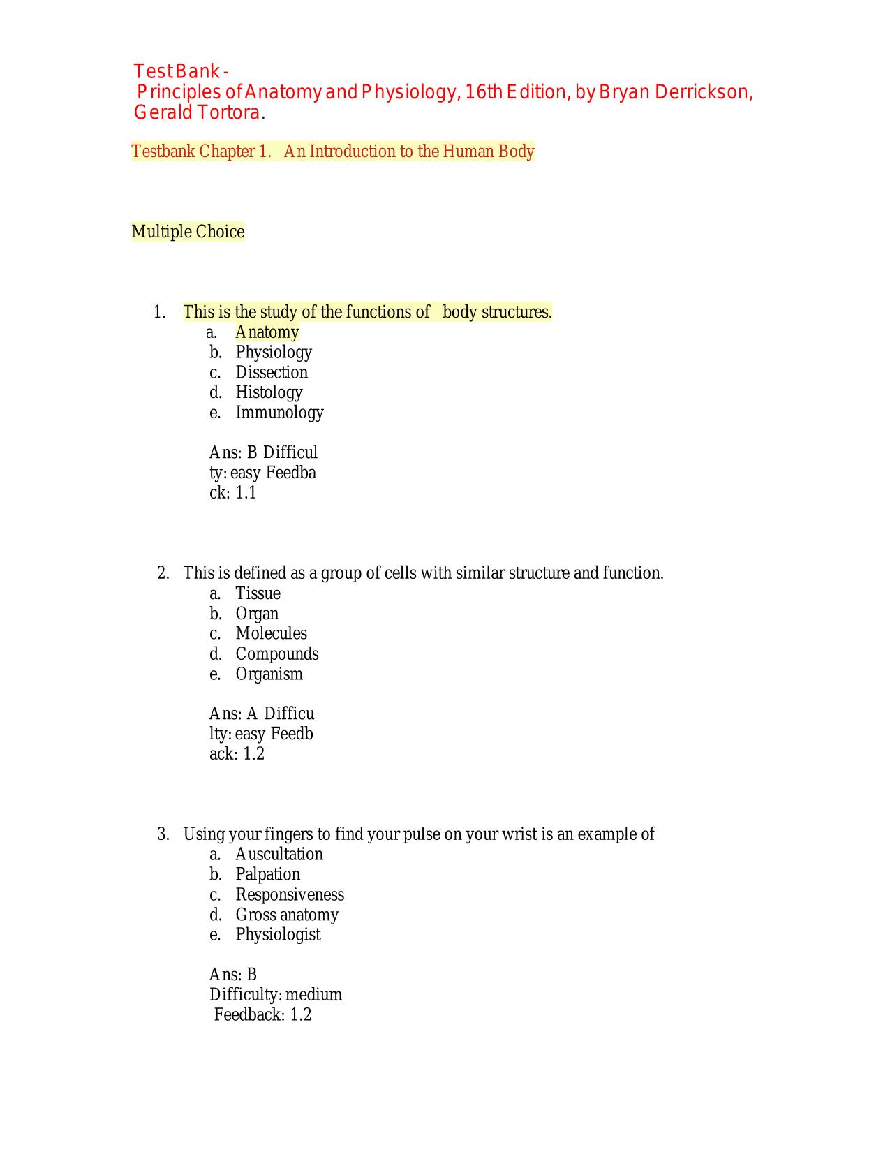 Test Bank Principles of Anatomy and Physiology 16th Edition by Bryan Derrickson ISBN:9781119662792