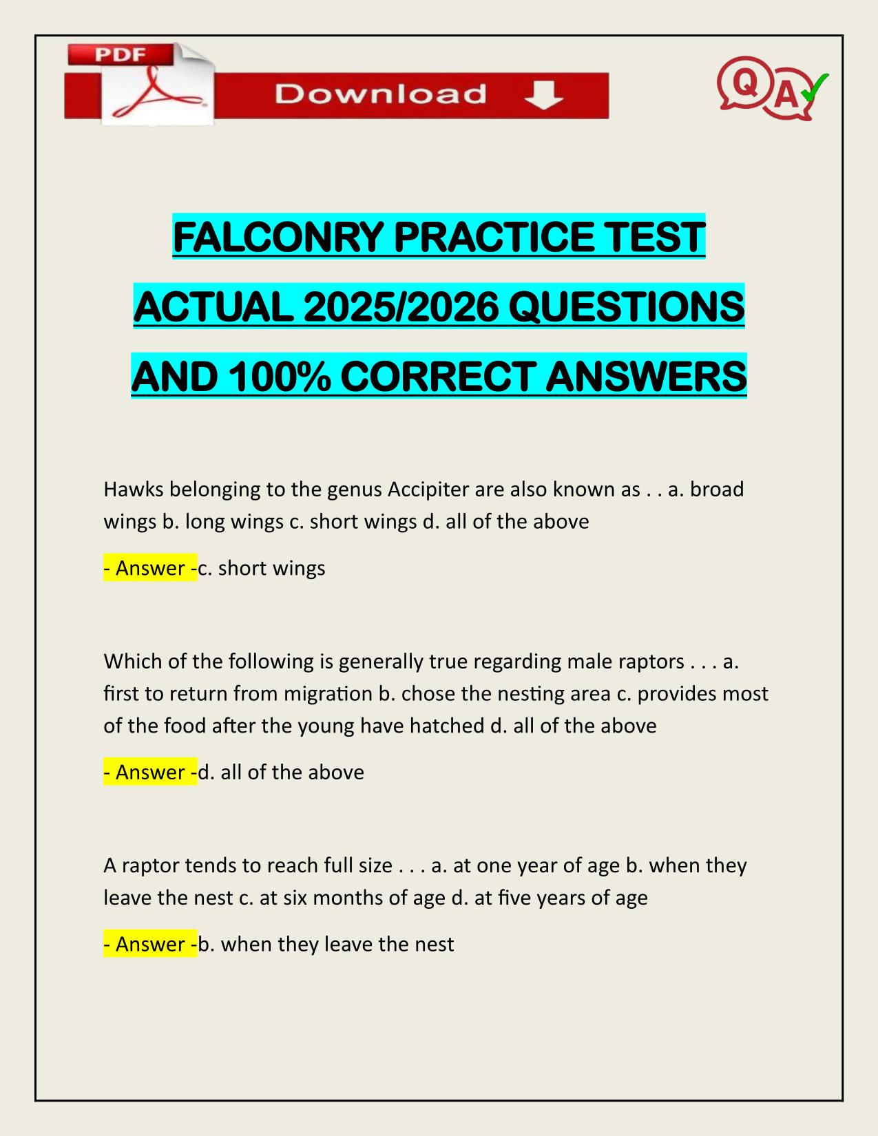 FALCONRY PRACTICE TEST ACTUAL 2025/2026 LATEST UPDATE